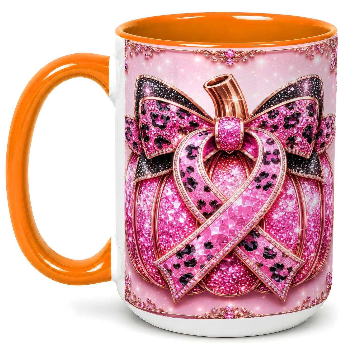 #pl[15oz|Orange] Pink Ribbon Pumpkin Coffee Mug, Awareness Mug, Ceramic Cup