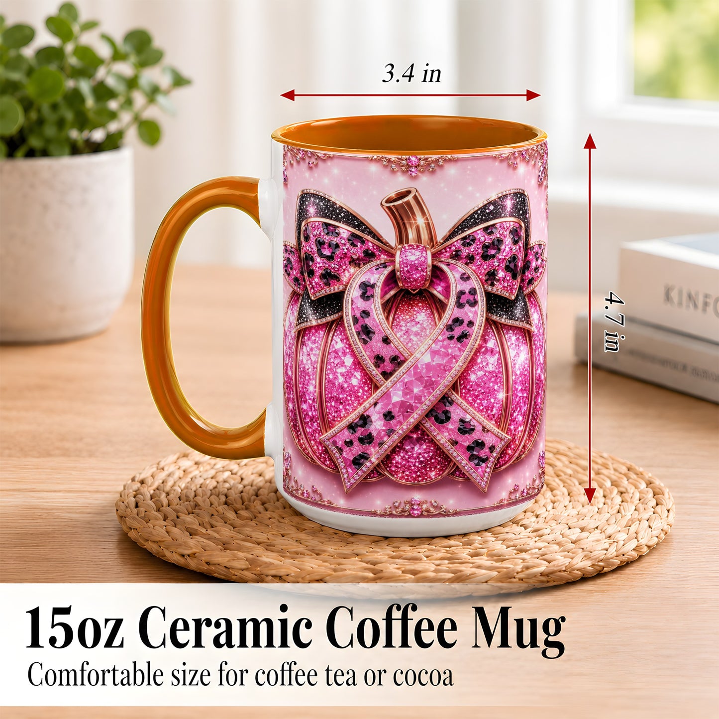 #pl[15oz|Orange] Pink Ribbon Pumpkin Coffee Mug, Awareness Mug, Ceramic Cup