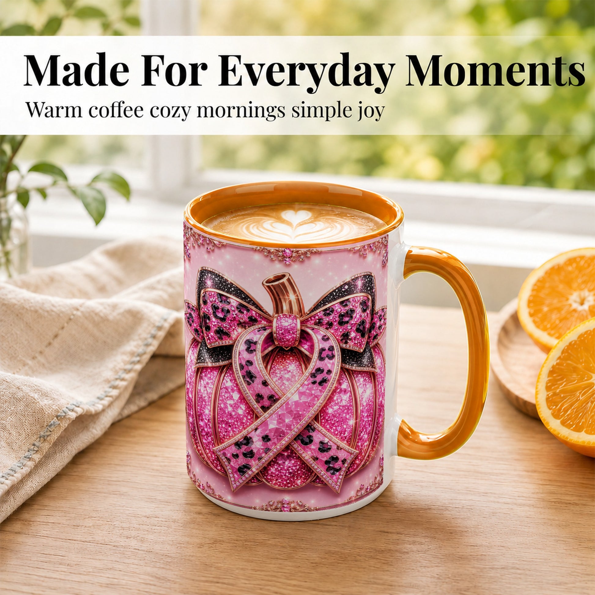 #pl[15oz|Orange] Pink Ribbon Pumpkin Coffee Mug, Awareness Mug, Ceramic Cup