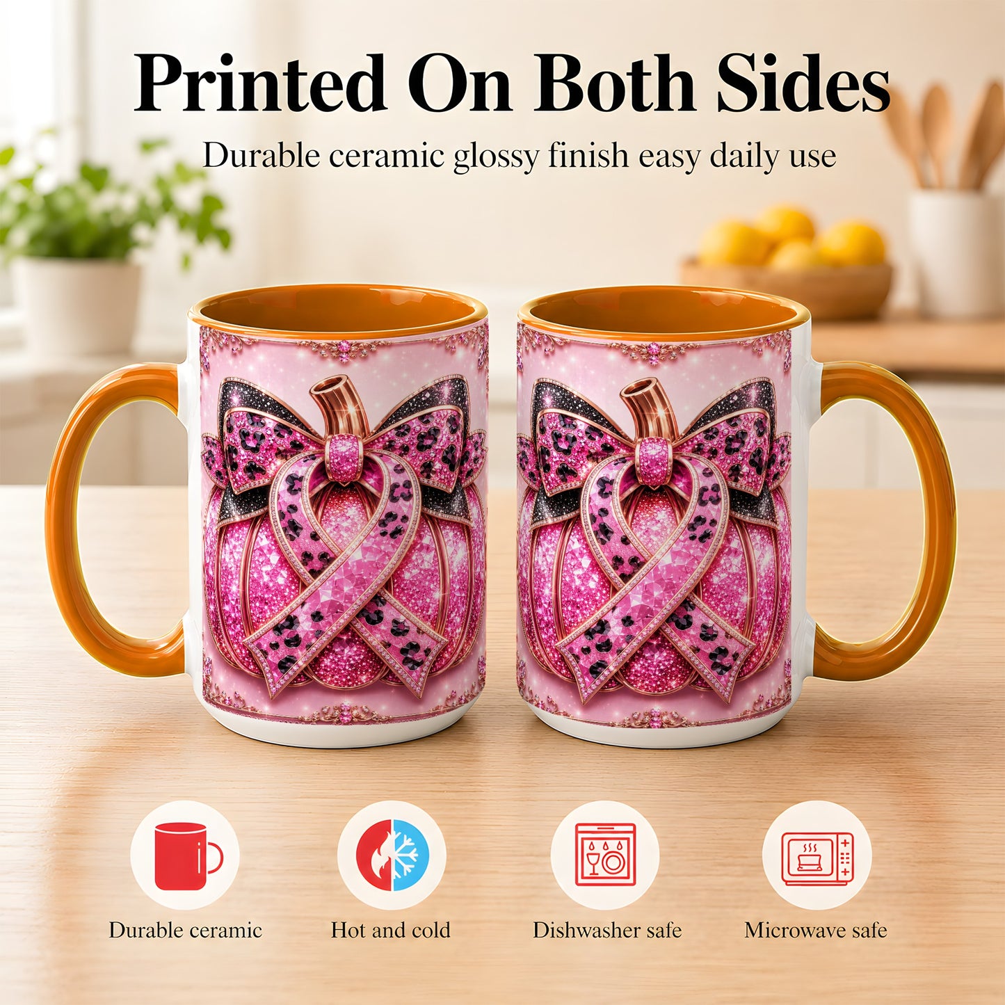 #pl[15oz|Orange] Pink Ribbon Pumpkin Coffee Mug, Awareness Mug, Ceramic Cup