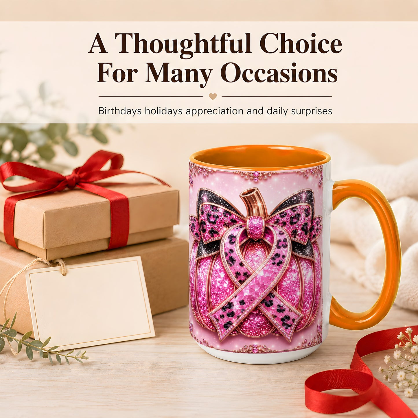 #pl[15oz|Orange] Pink Ribbon Pumpkin Coffee Mug, Awareness Mug, Ceramic Cup