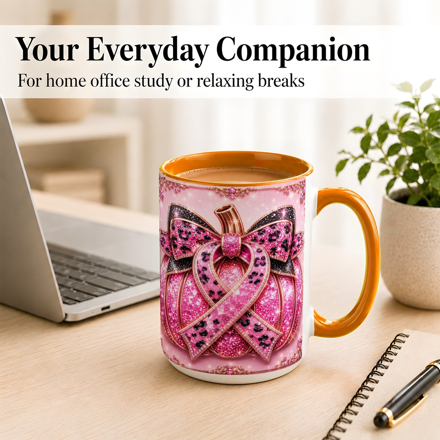 #pl[15oz|Orange] Pink Ribbon Pumpkin Coffee Mug, Awareness Mug, Ceramic Cup
