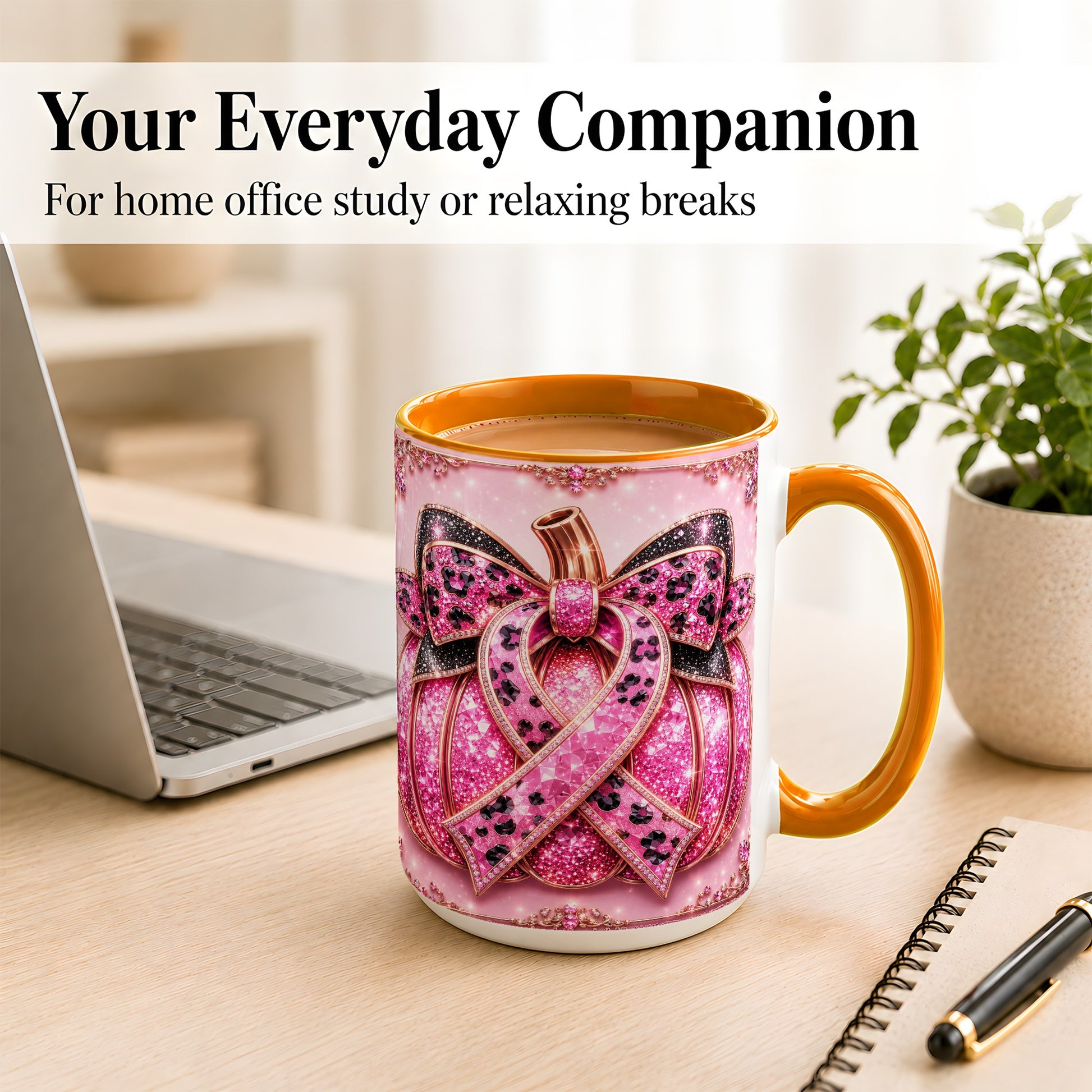 #pl[15oz|Orange] Pink Ribbon Pumpkin Coffee Mug, Awareness Mug, Ceramic Cup