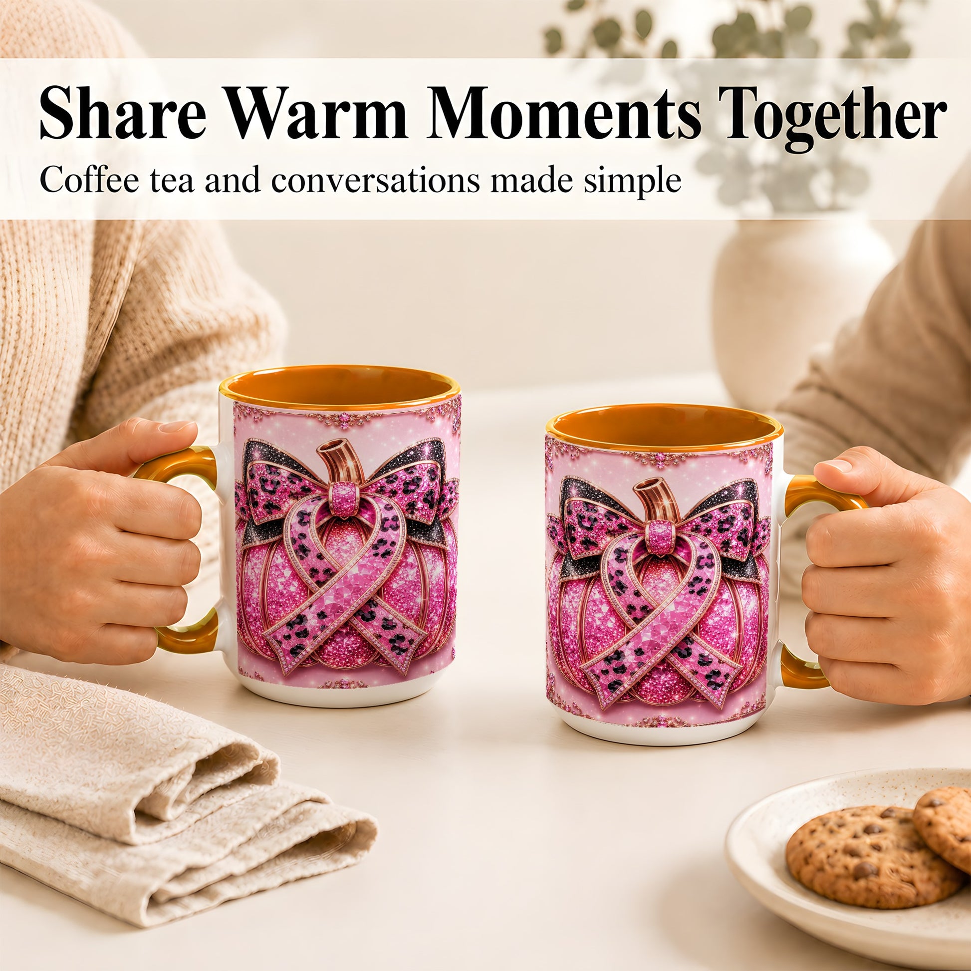 #pl[15oz|Orange] Pink Ribbon Pumpkin Coffee Mug, Awareness Mug, Ceramic Cup