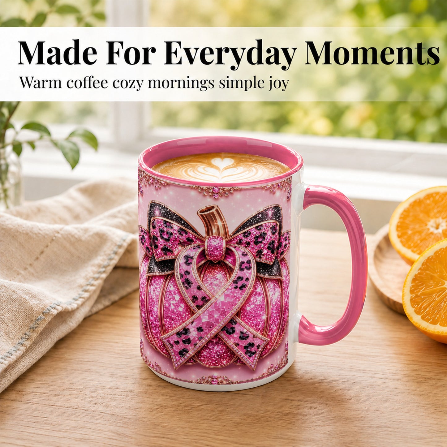 #pl[15oz|Pink] Pink Ribbon Pumpkin Coffee Mug, Awareness Mug, Ceramic Cup