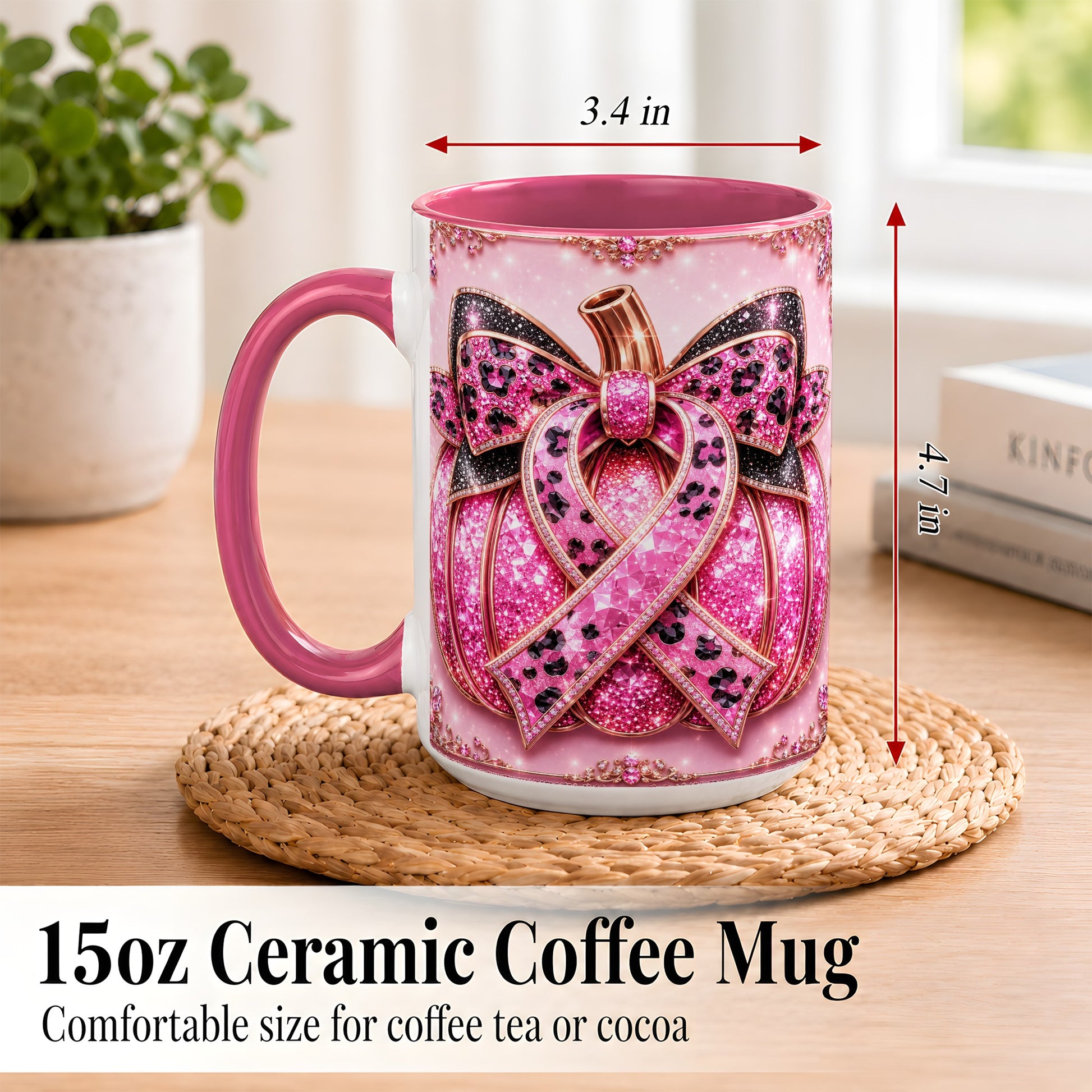 #pl[15oz|Pink] Pink Ribbon Pumpkin Coffee Mug, Awareness Mug, Ceramic Cup