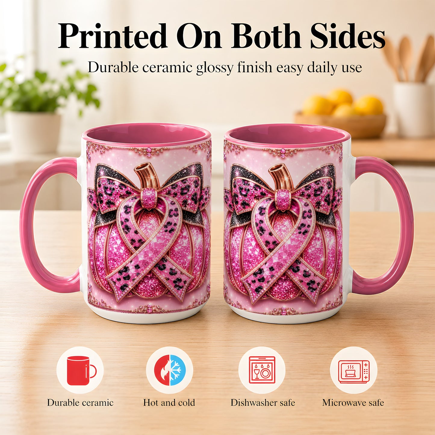 #pl[15oz|Pink] Pink Ribbon Pumpkin Coffee Mug, Awareness Mug, Ceramic Cup