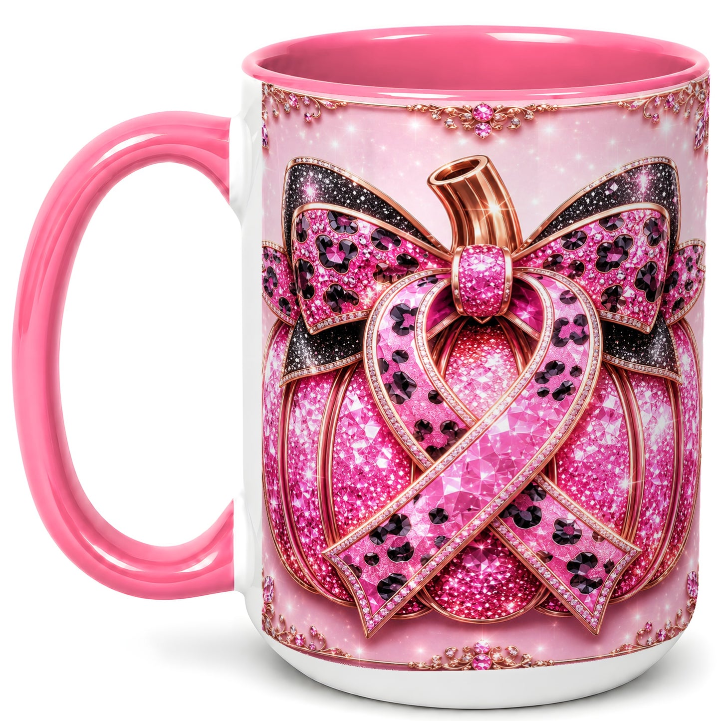 #pl[15oz|Pink] Pink Ribbon Pumpkin Coffee Mug, Awareness Mug, Ceramic Cup