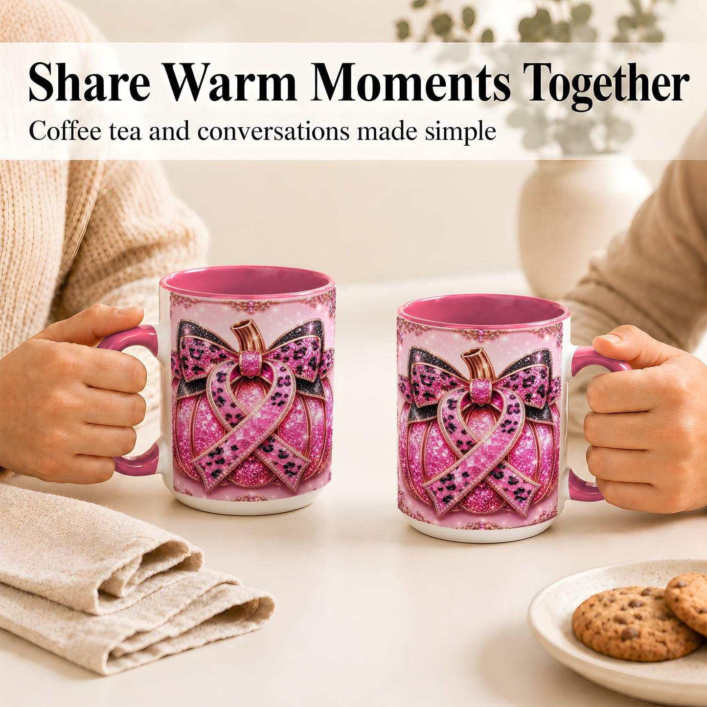 #pl[15oz|Pink] Pink Ribbon Pumpkin Coffee Mug, Awareness Mug, Ceramic Cup