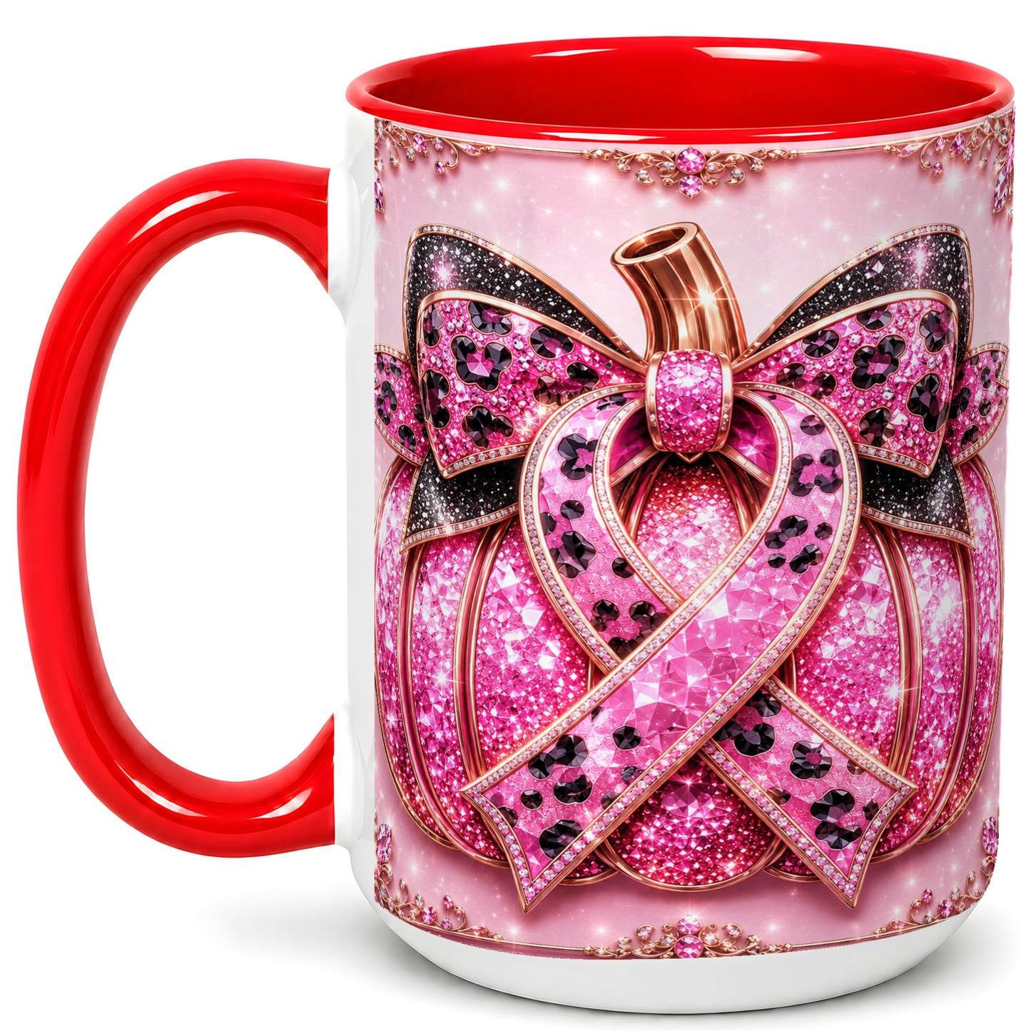 #pl[15oz|Red] Pink Ribbon Pumpkin Coffee Mug, Awareness Mug, Ceramic Cup