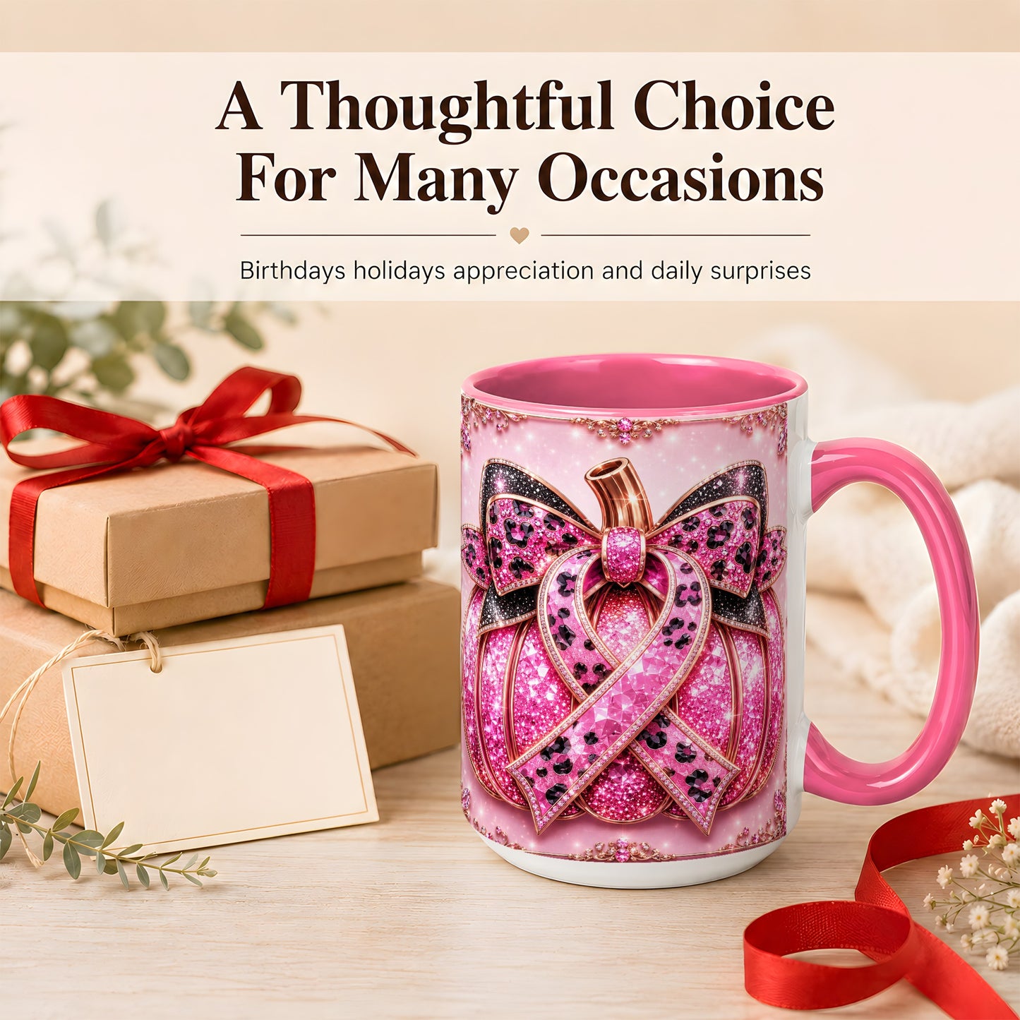 #pl[15oz|Pink] Pink Ribbon Pumpkin Coffee Mug, Awareness Mug, Ceramic Cup