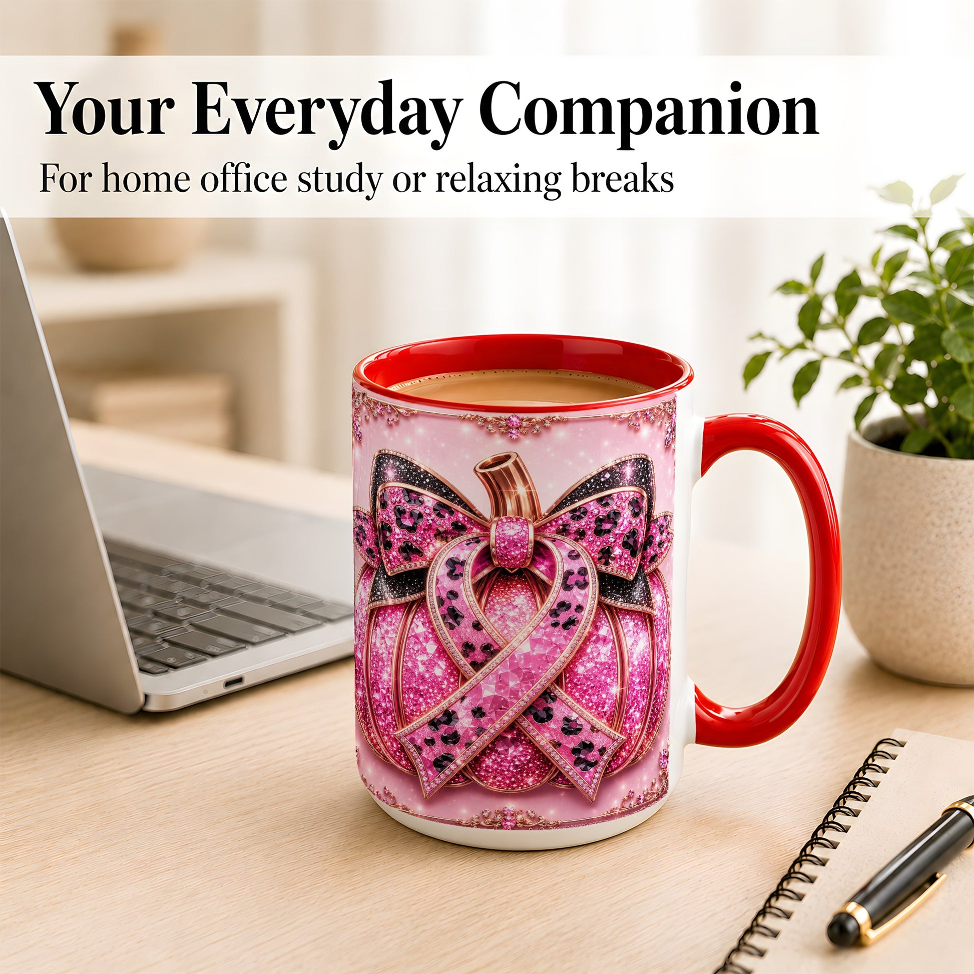 #pl[15oz|Red] Pink Ribbon Pumpkin Coffee Mug, Awareness Mug, Ceramic Cup