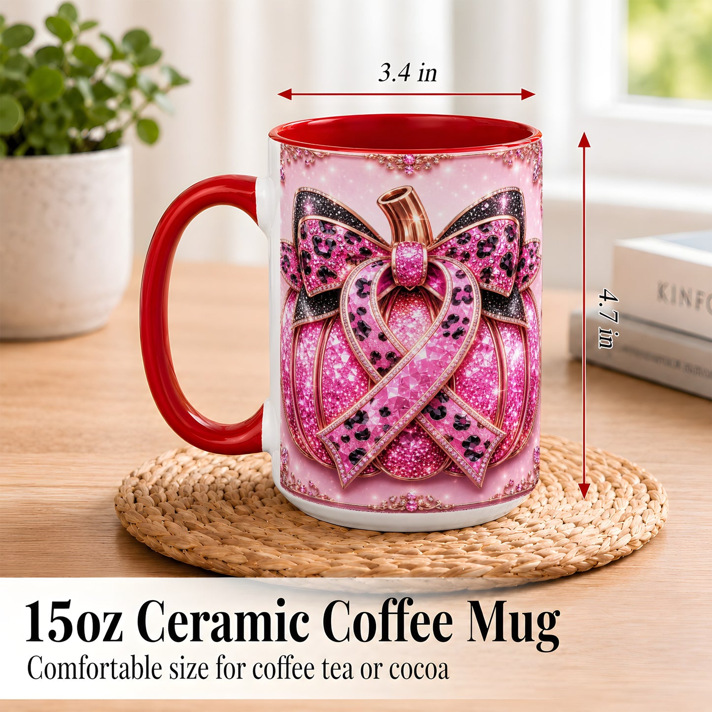 #pl[15oz|Red] Pink Ribbon Pumpkin Coffee Mug, Awareness Mug, Ceramic Cup