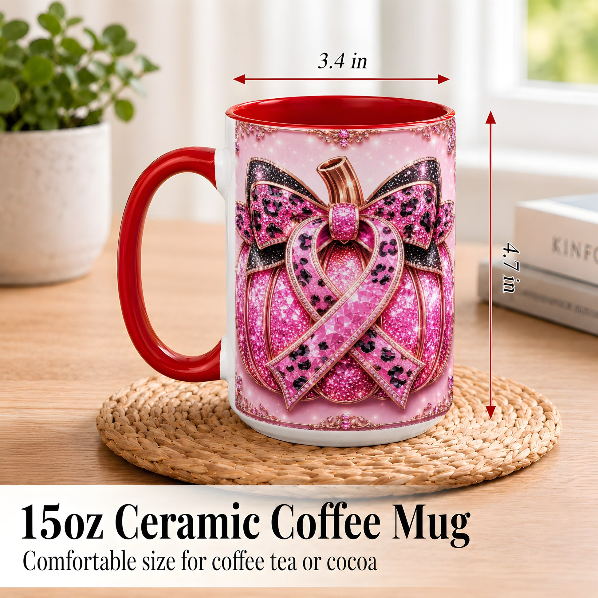 #pl[15oz|Red] Pink Ribbon Pumpkin Coffee Mug, Awareness Mug, Ceramic Cup