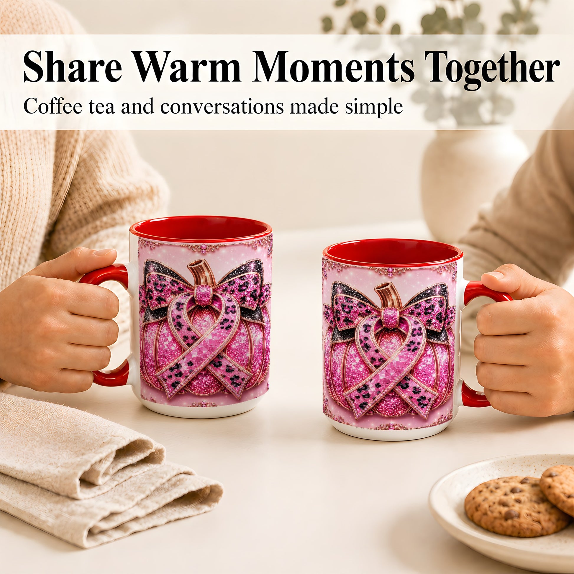 #pl[15oz|Red] Pink Ribbon Pumpkin Coffee Mug, Awareness Mug, Ceramic Cup