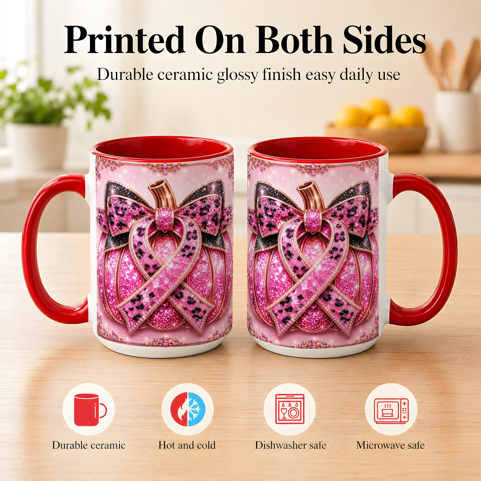 #pl[15oz|Red] Pink Ribbon Pumpkin Coffee Mug, Awareness Mug, Ceramic Cup