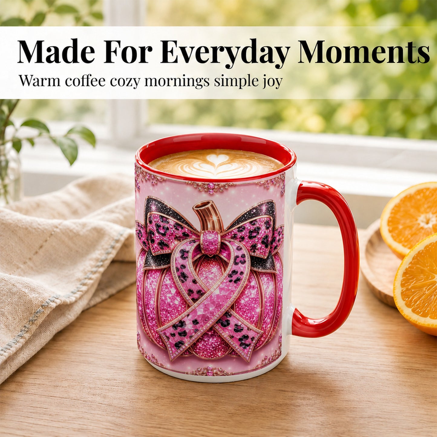 #pl[15oz|Red] Pink Ribbon Pumpkin Coffee Mug, Awareness Mug, Ceramic Cup