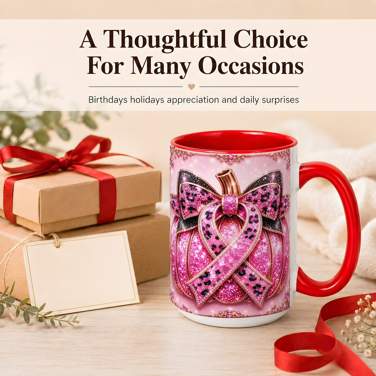 #pl[15oz|Red] Pink Ribbon Pumpkin Coffee Mug, Awareness Mug, Ceramic Cup
