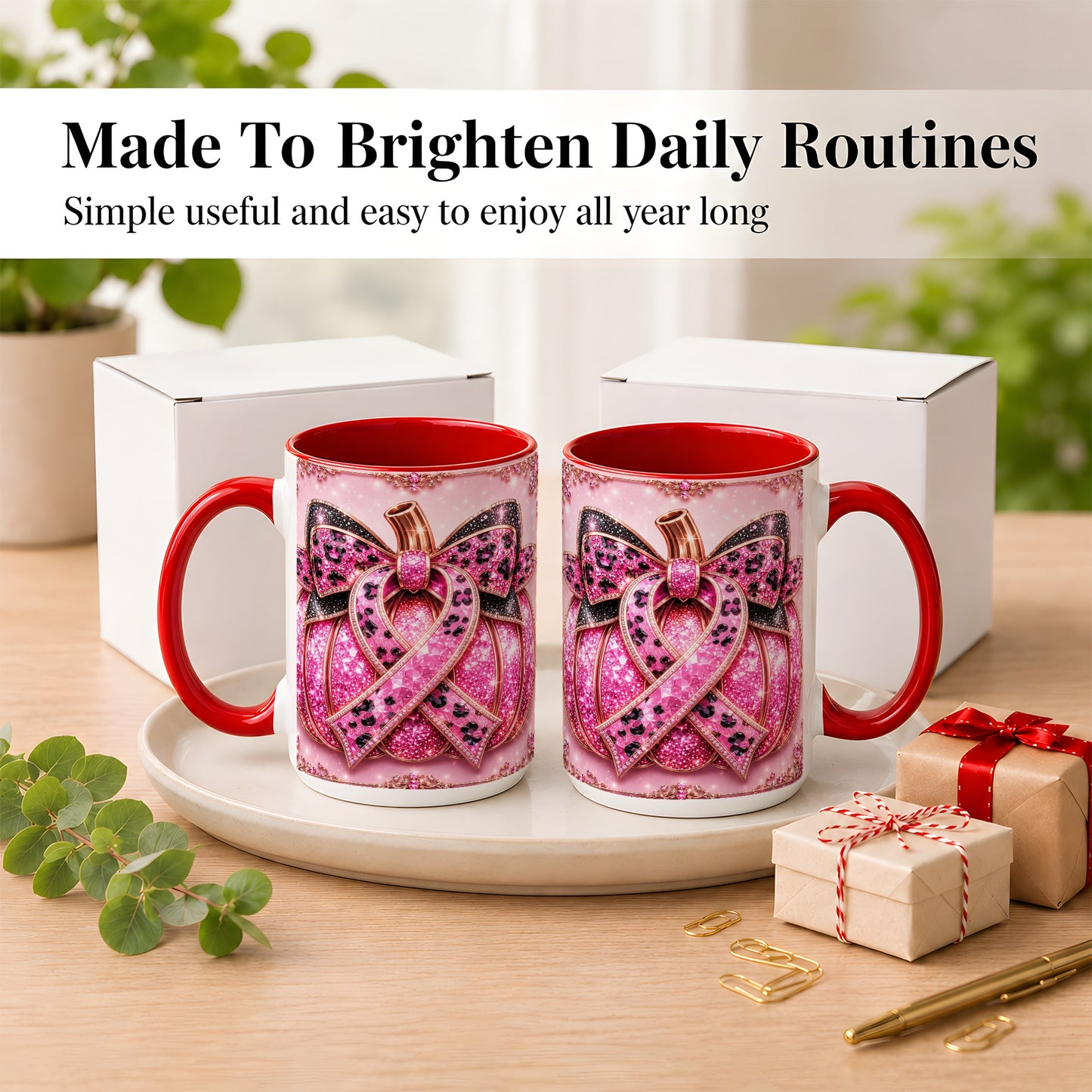 #pl[15oz|Red] Pink Ribbon Pumpkin Coffee Mug, Awareness Mug, Ceramic Cup