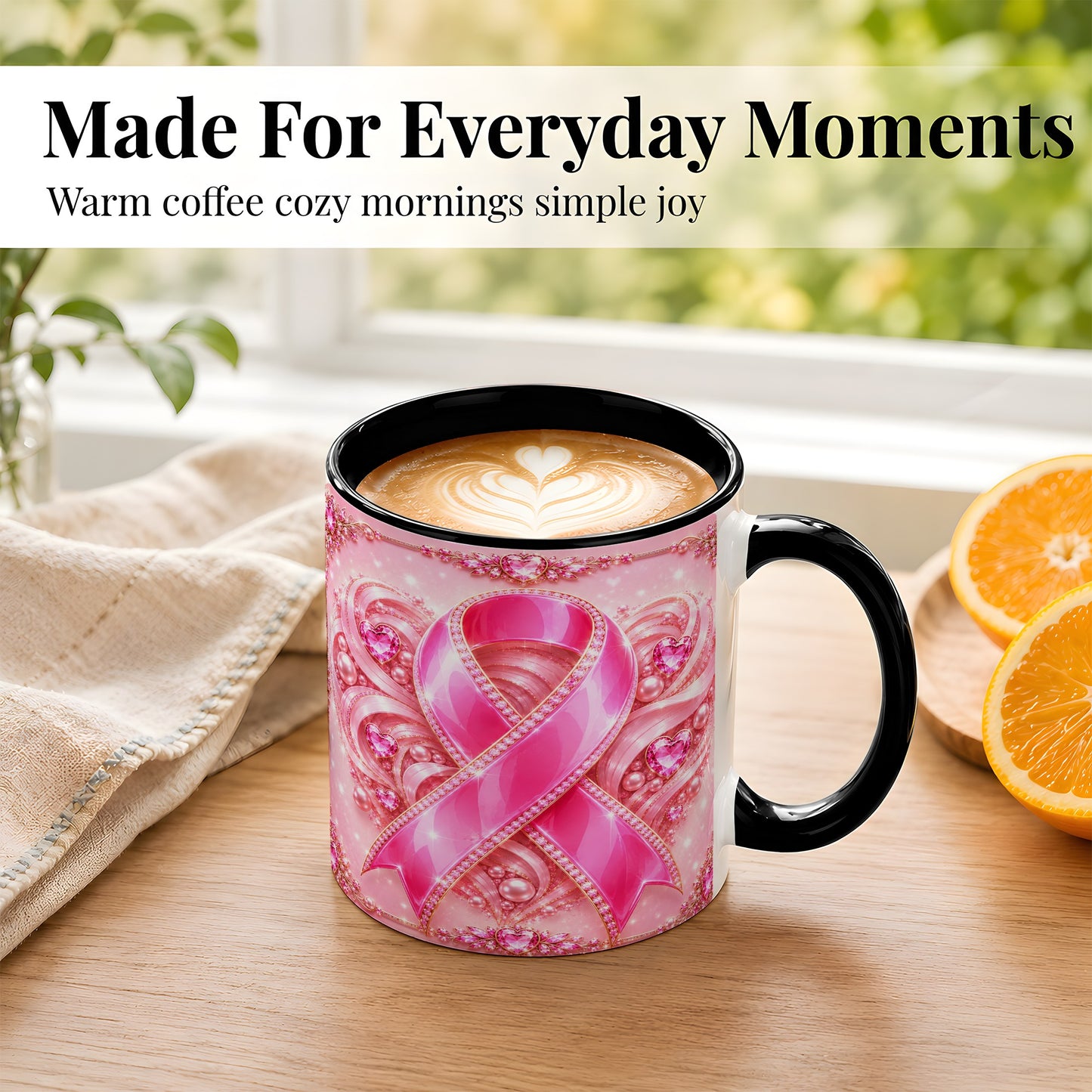 #pl[11oz|Black] Pink Awareness Ribbon Coffee Mug, Heart Ribbon Mug, Ceramic Cup