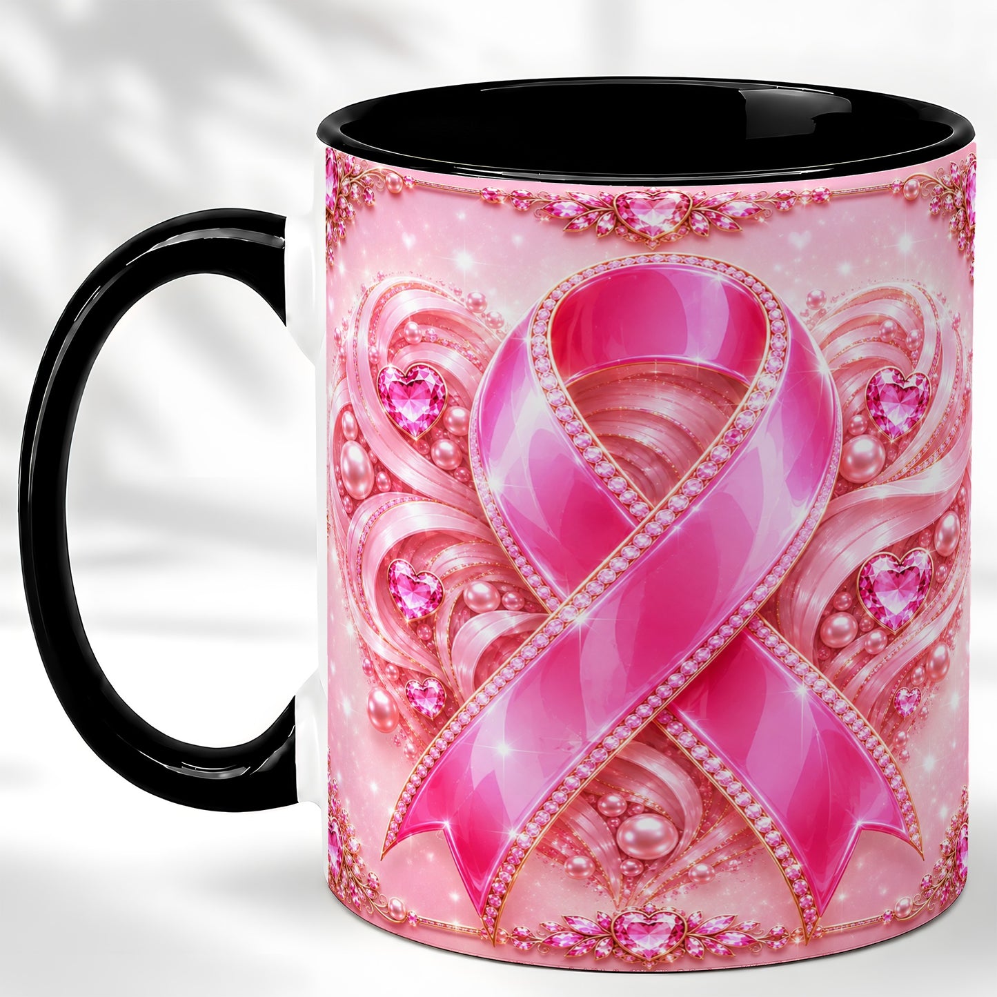 #pl[11oz|Black] Pink Awareness Ribbon Coffee Mug, Heart Ribbon Mug, Ceramic Cup