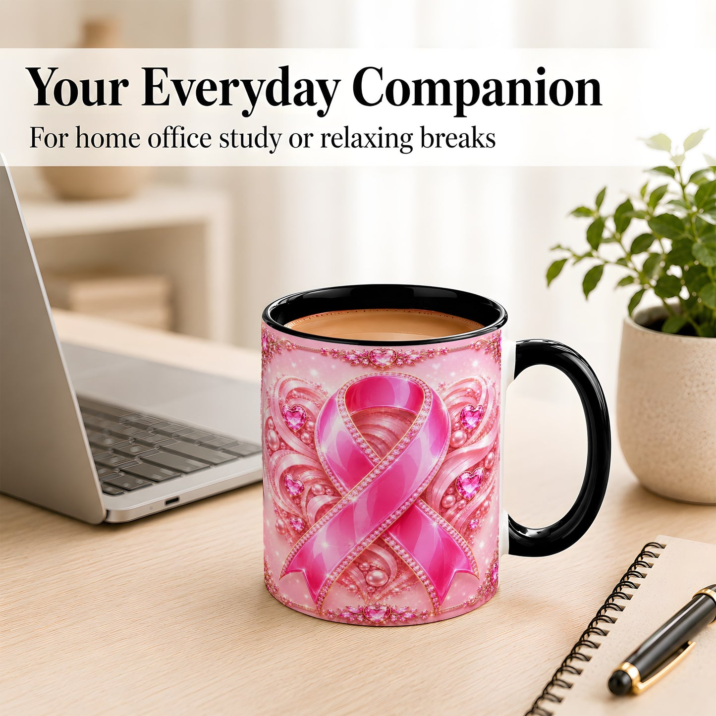 #pl[11oz|Black] Pink Awareness Ribbon Coffee Mug, Heart Ribbon Mug, Ceramic Cup