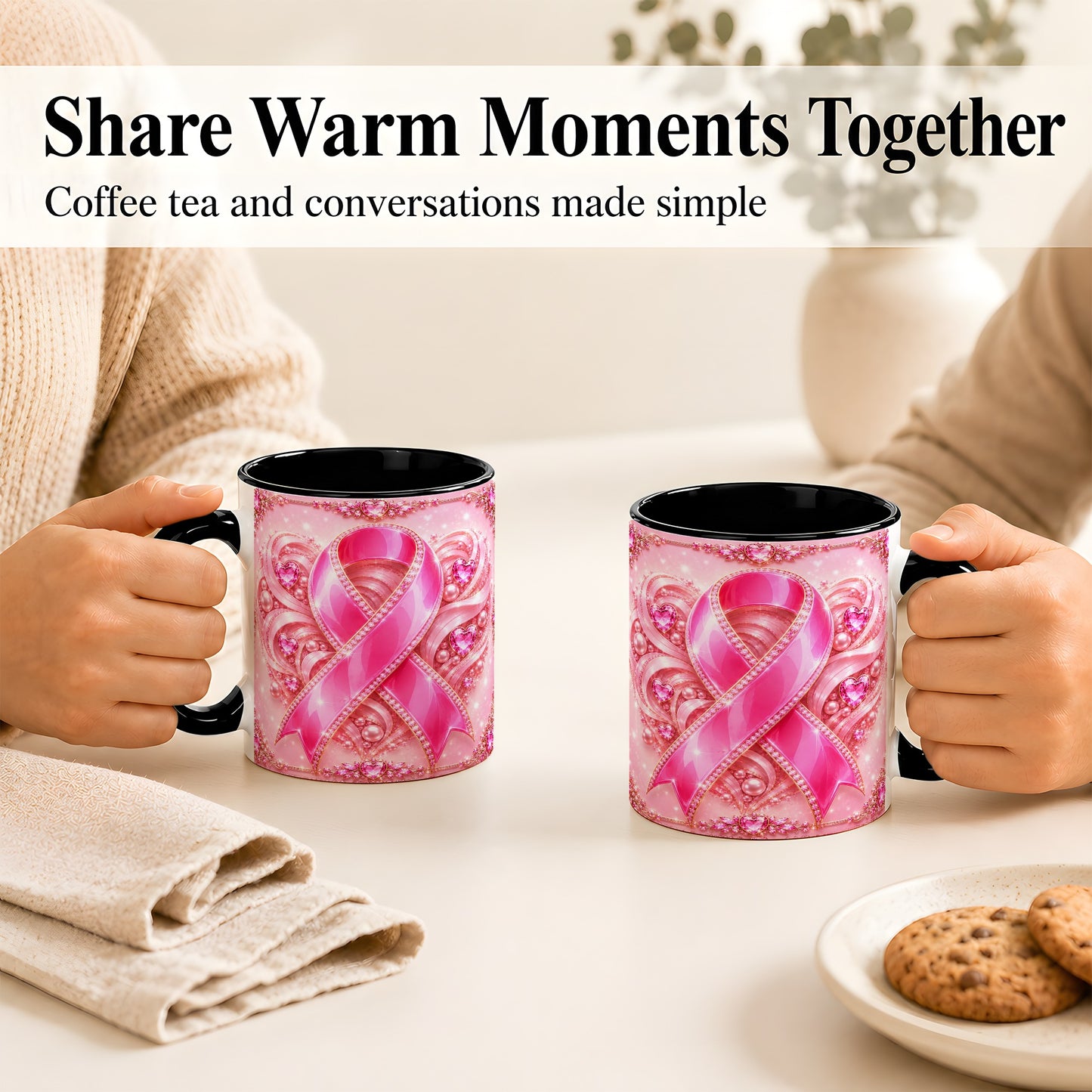#pl[11oz|Black] Pink Awareness Ribbon Coffee Mug, Heart Ribbon Mug, Ceramic Cup