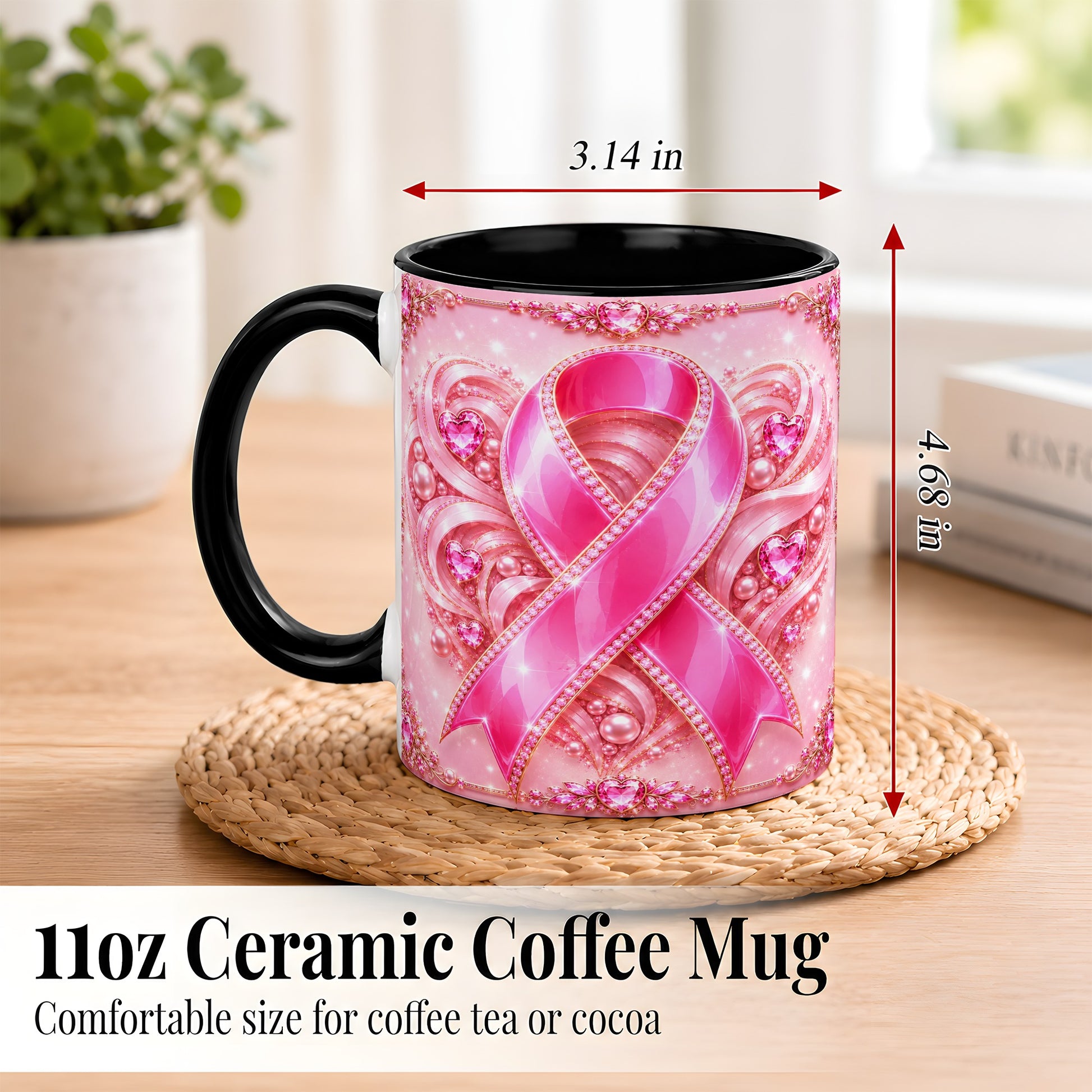 #pl[11oz|Black] Pink Awareness Ribbon Coffee Mug, Heart Ribbon Mug, Ceramic Cup