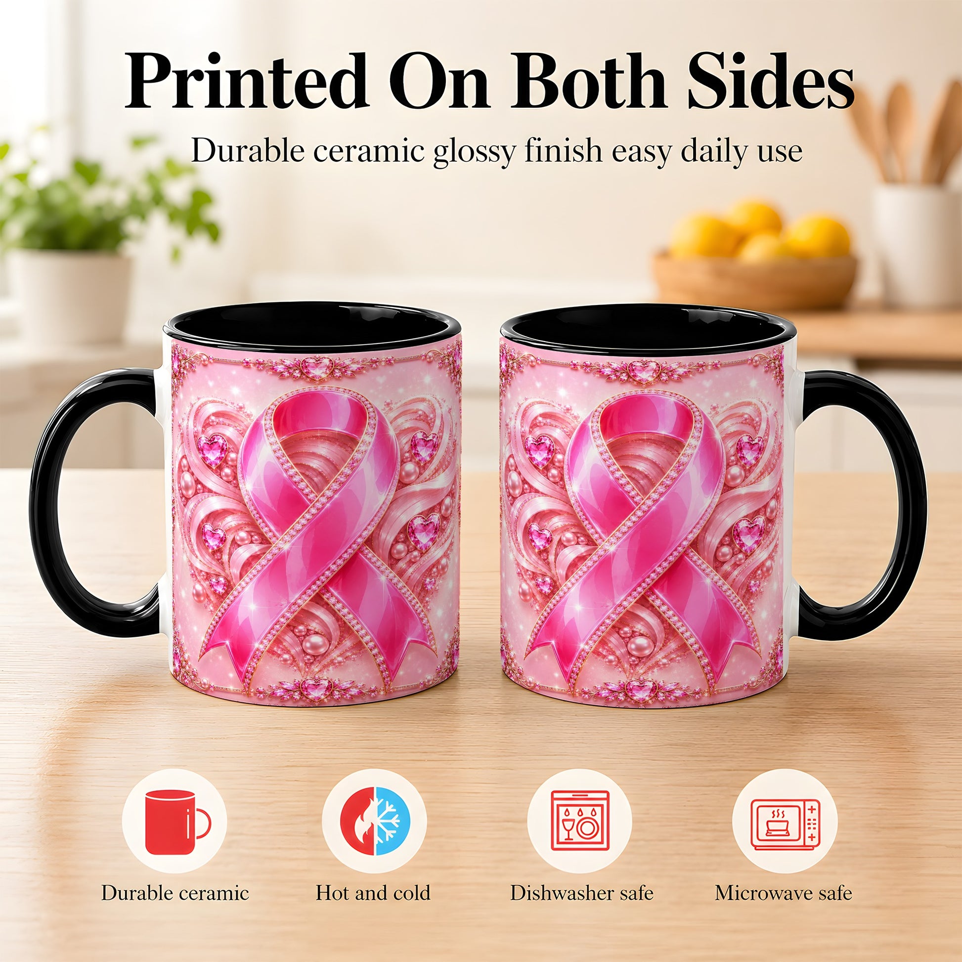 #pl[11oz|Black] Pink Awareness Ribbon Coffee Mug, Heart Ribbon Mug, Ceramic Cup