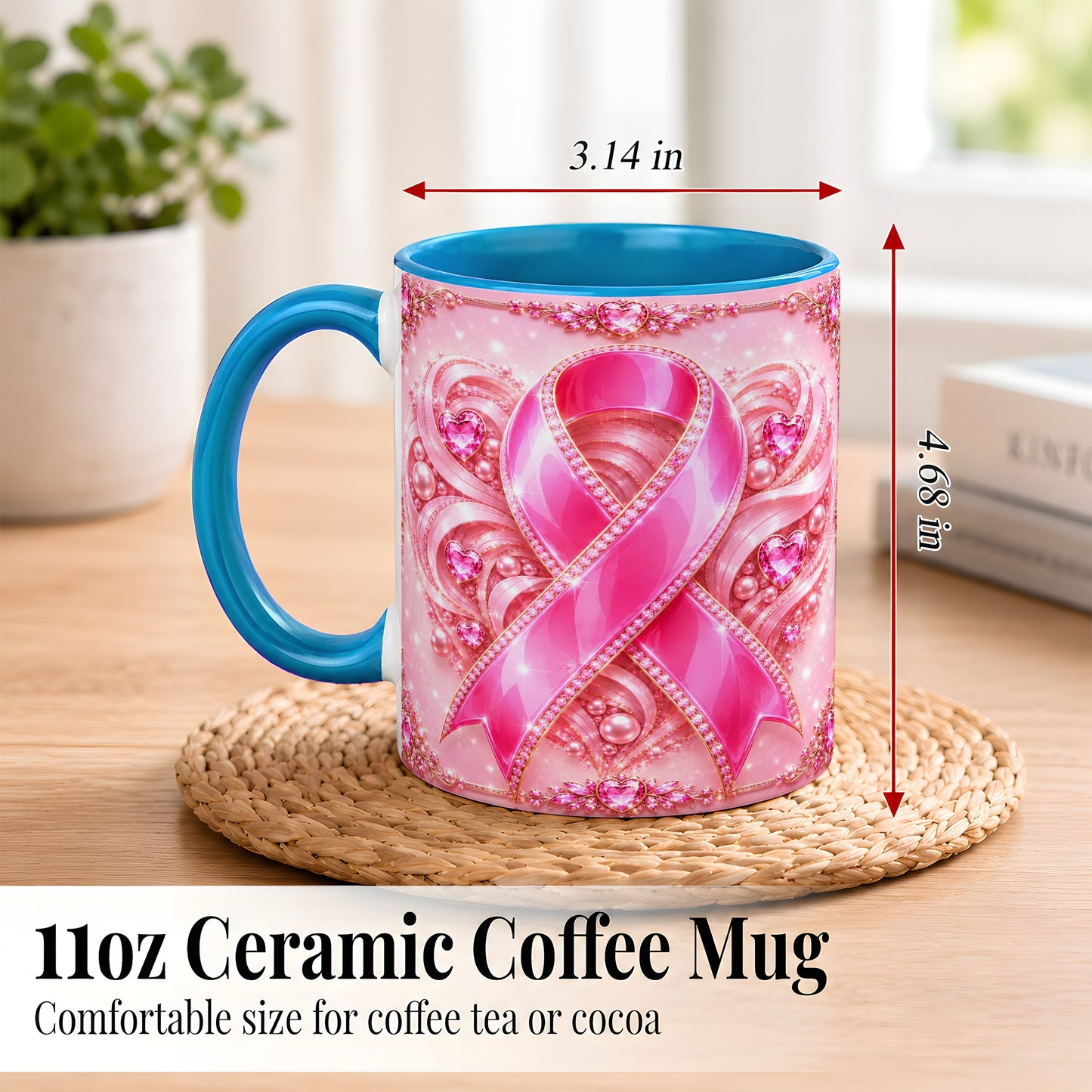 #pl[11oz|Blue] Pink Awareness Ribbon Coffee Mug, Heart Ribbon Mug, Ceramic Cup