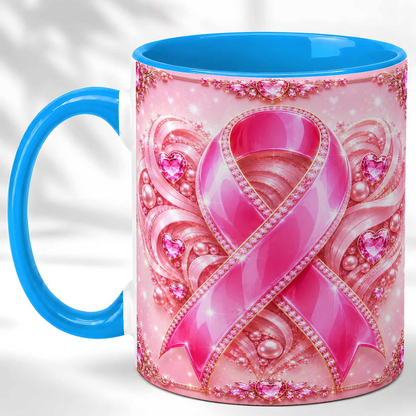 #pl[11oz|Blue] Pink Awareness Ribbon Coffee Mug, Heart Ribbon Mug, Ceramic Cup