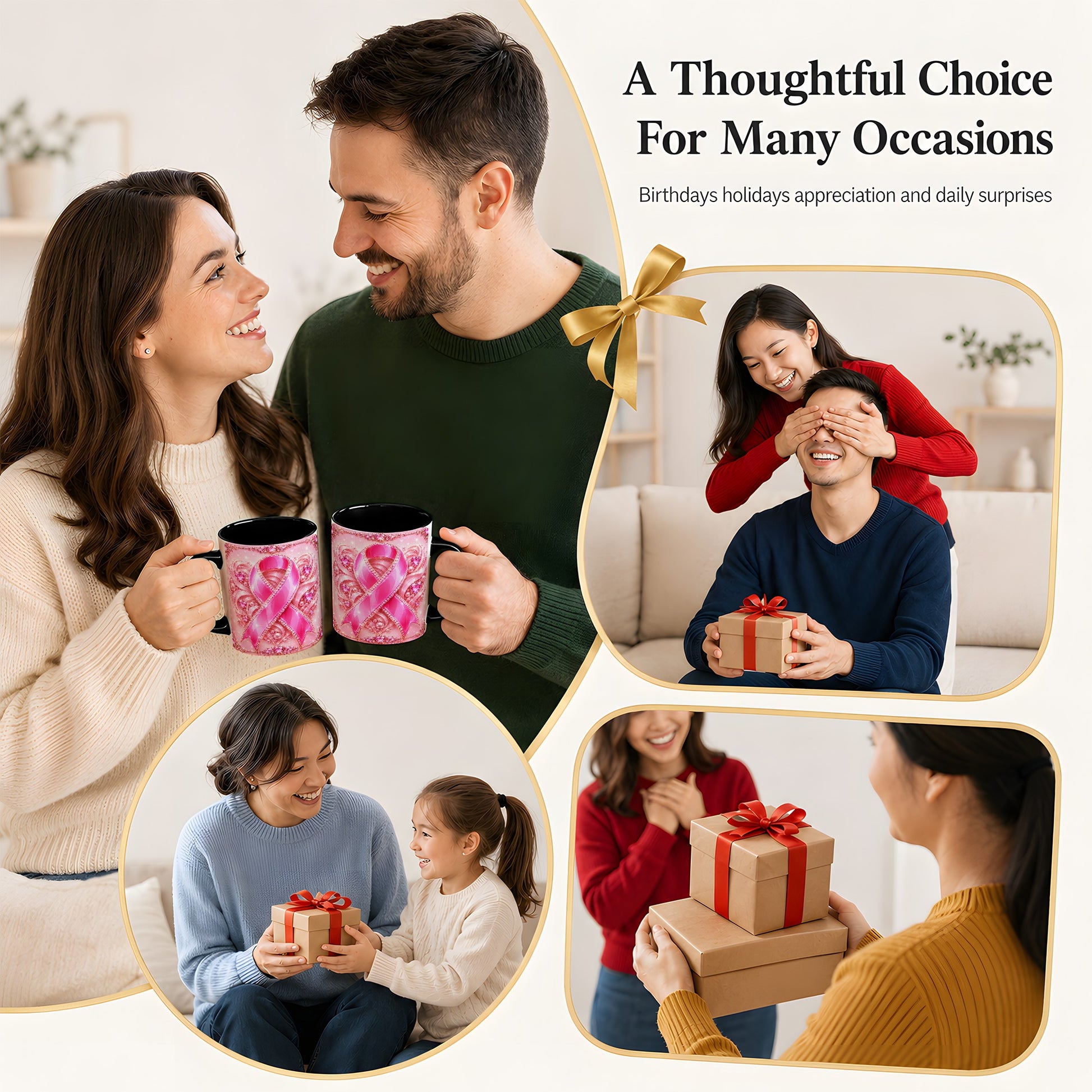 #pl[11oz|Black] Pink Awareness Ribbon Coffee Mug, Heart Ribbon Mug, Ceramic Cup