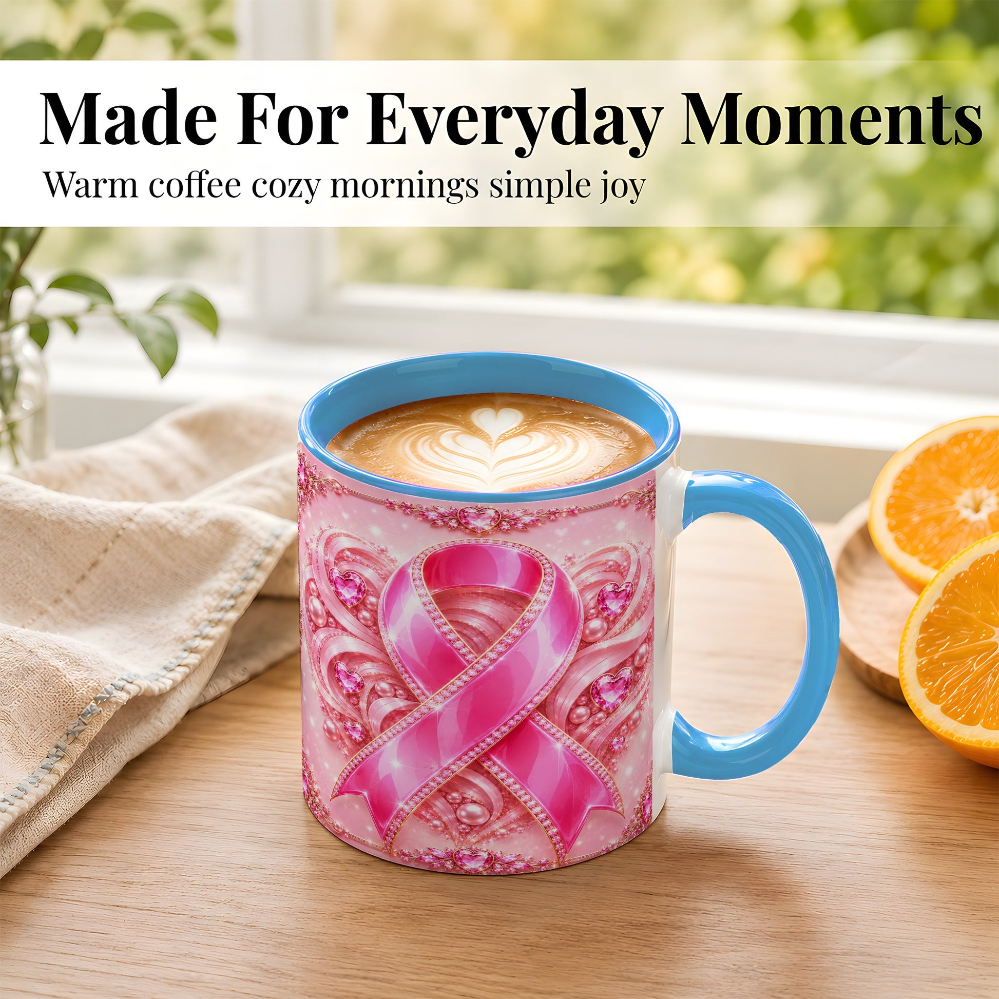 #pl[11oz|Blue] Pink Awareness Ribbon Coffee Mug, Heart Ribbon Mug, Ceramic Cup