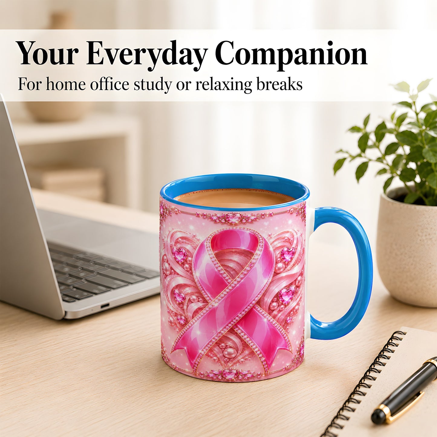 #pl[11oz|Blue] Pink Awareness Ribbon Coffee Mug, Heart Ribbon Mug, Ceramic Cup