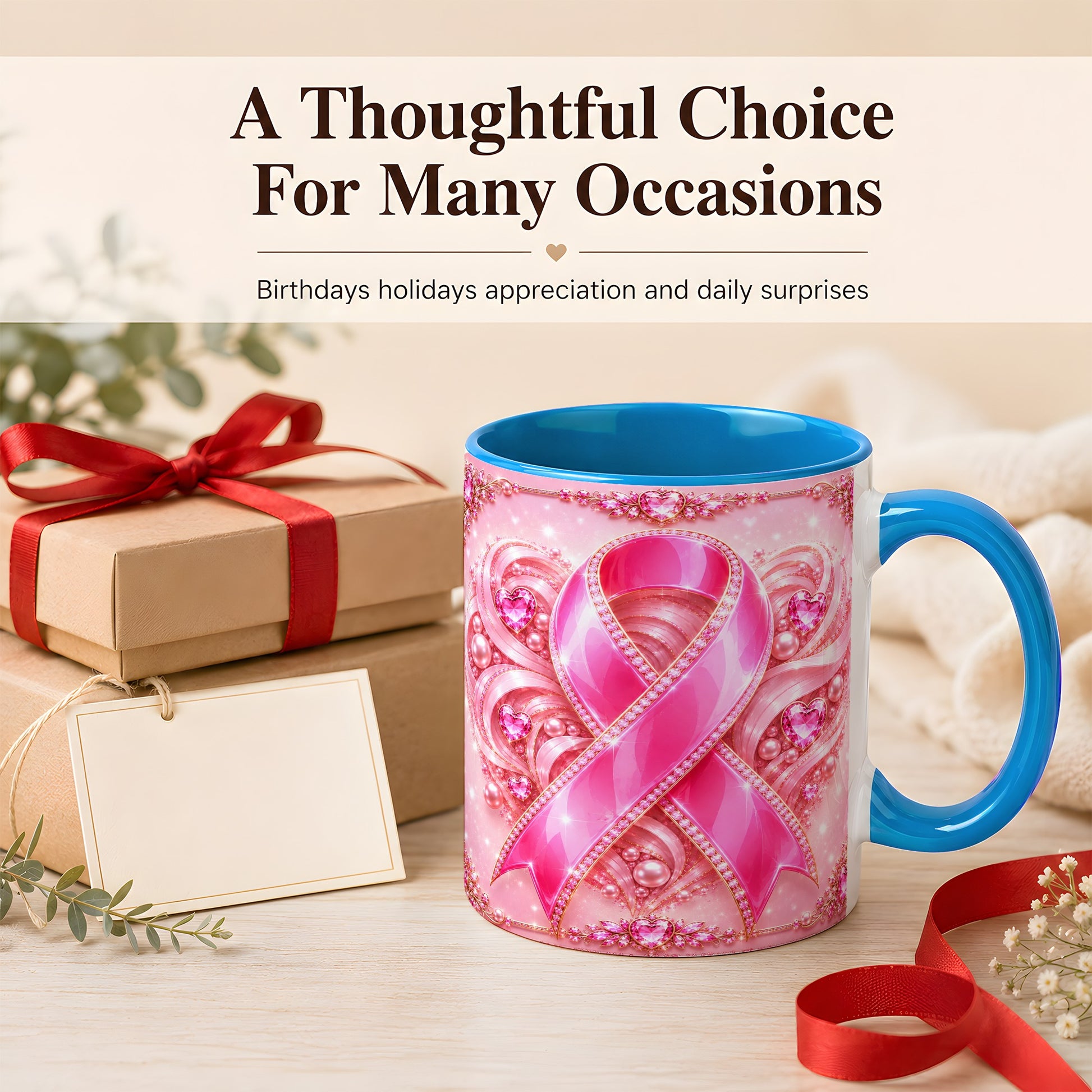 #pl[11oz|Blue] Pink Awareness Ribbon Coffee Mug, Heart Ribbon Mug, Ceramic Cup
