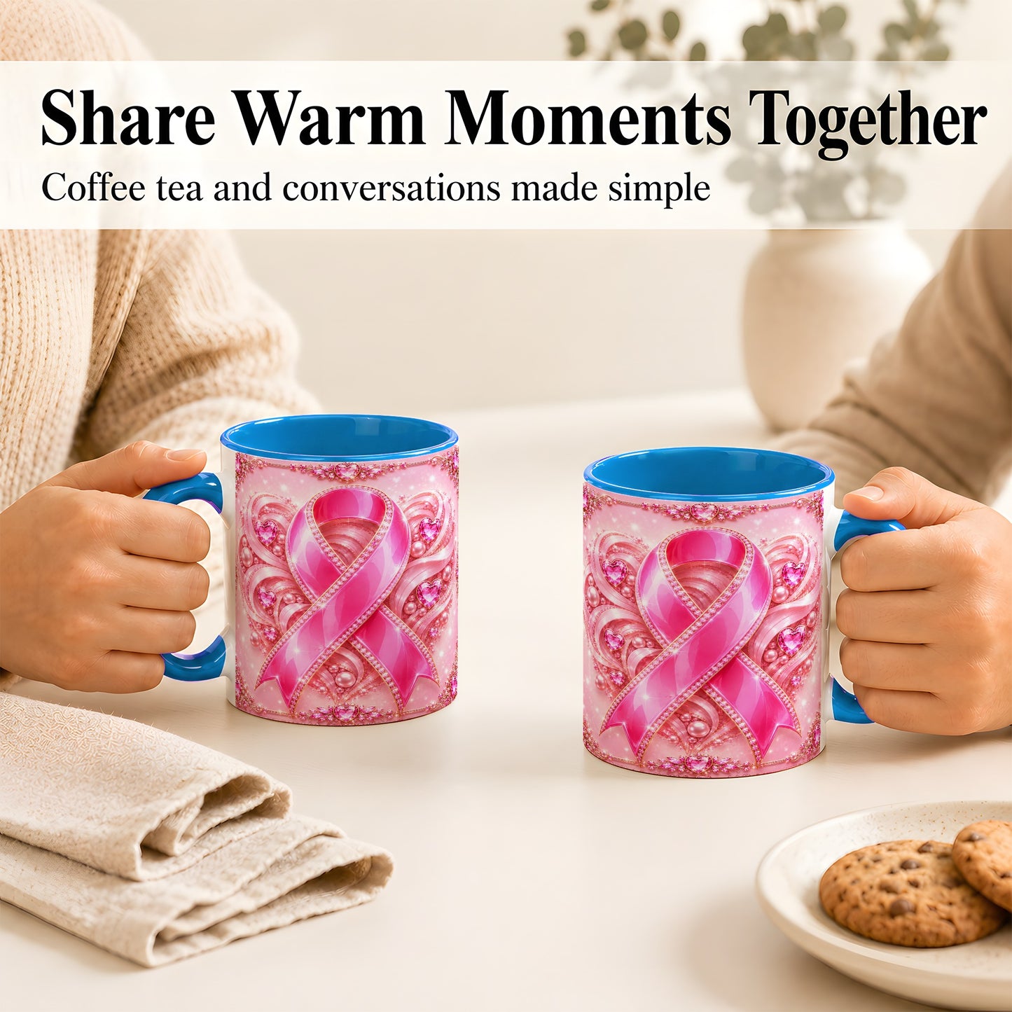 #pl[11oz|Blue] Pink Awareness Ribbon Coffee Mug, Heart Ribbon Mug, Ceramic Cup