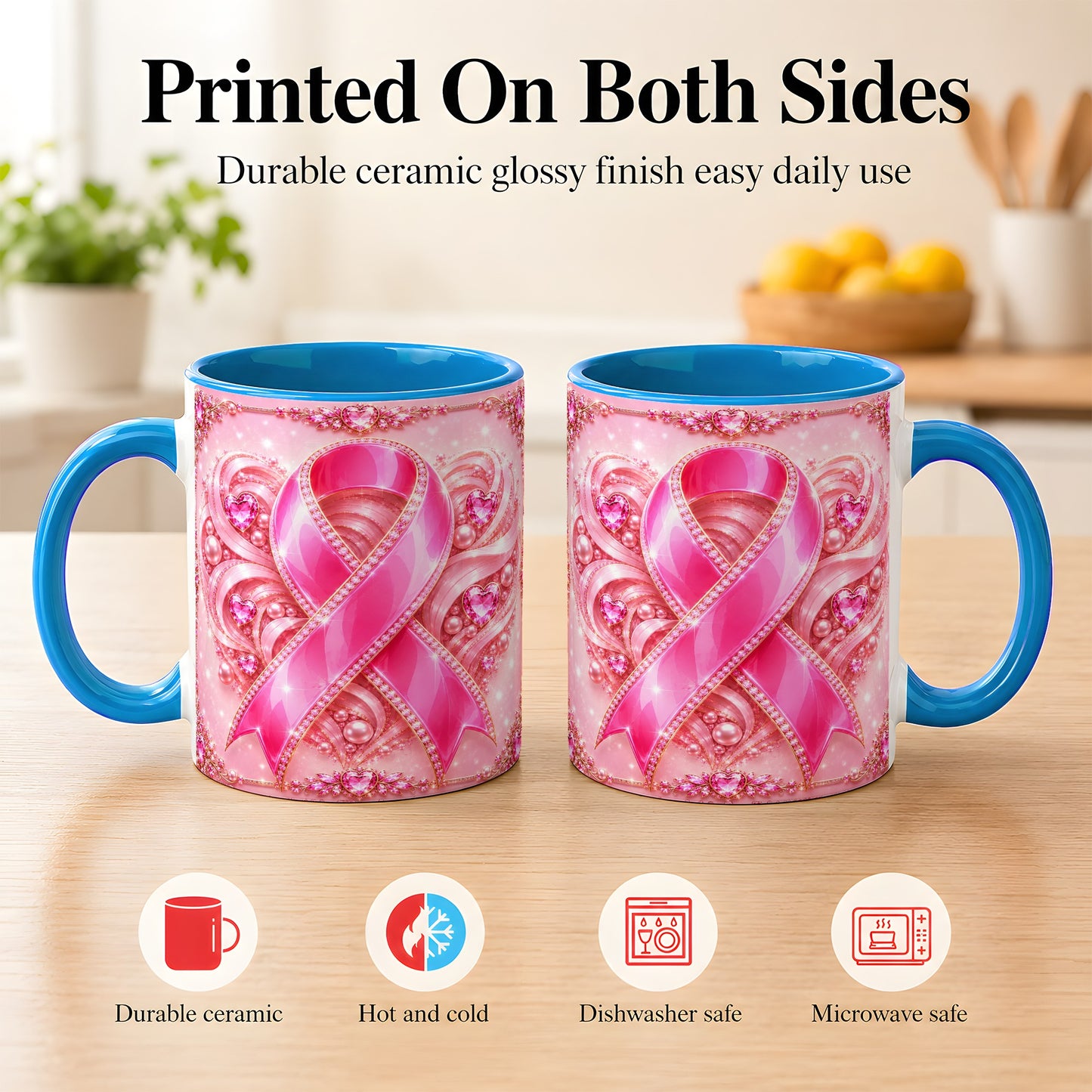 #pl[11oz|Blue] Pink Awareness Ribbon Coffee Mug, Heart Ribbon Mug, Ceramic Cup