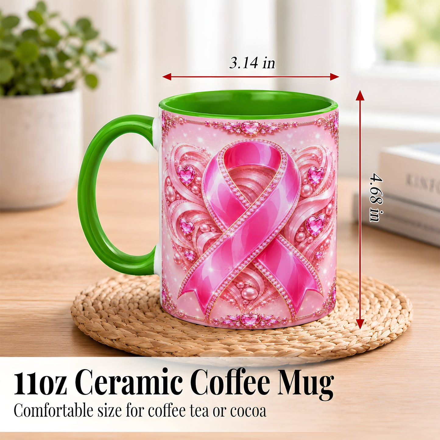 #pl[11oz|Green] Pink Awareness Ribbon Coffee Mug, Heart Ribbon Mug, Ceramic Cup
