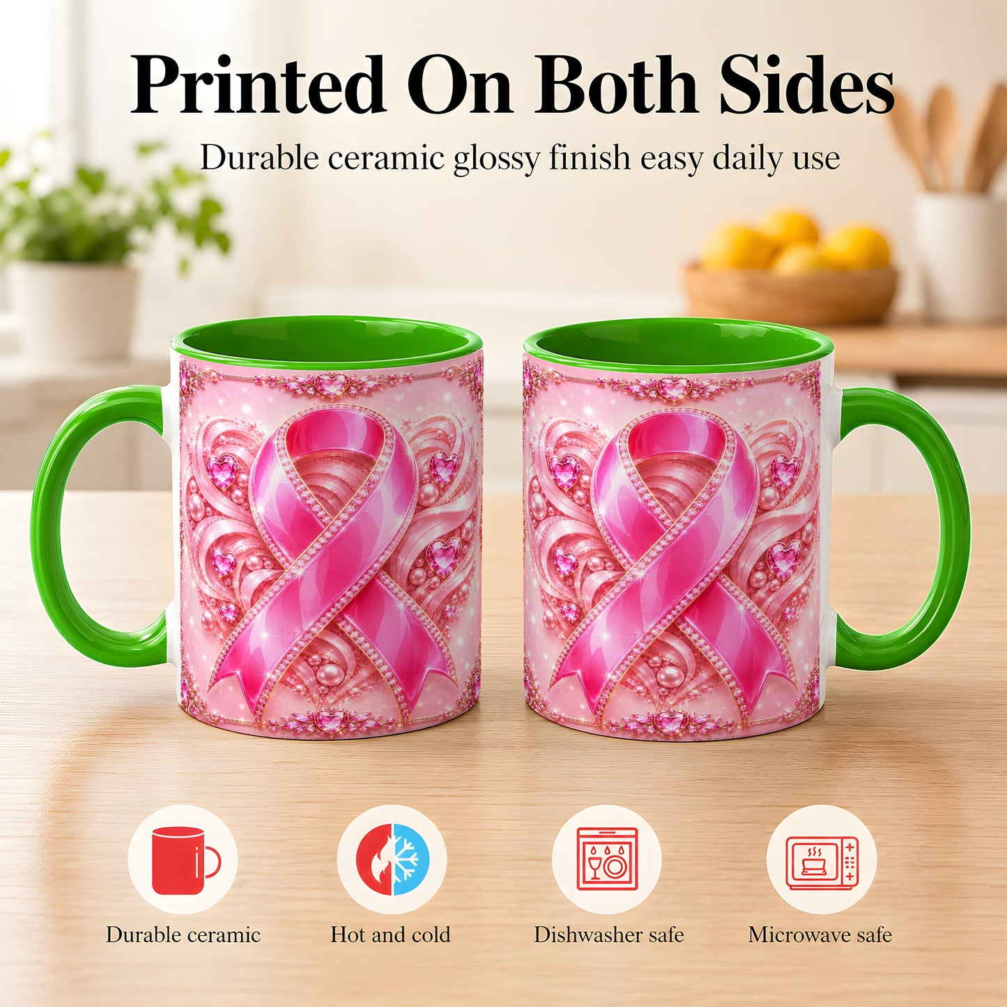 #pl[11oz|Green] Pink Awareness Ribbon Coffee Mug, Heart Ribbon Mug, Ceramic Cup