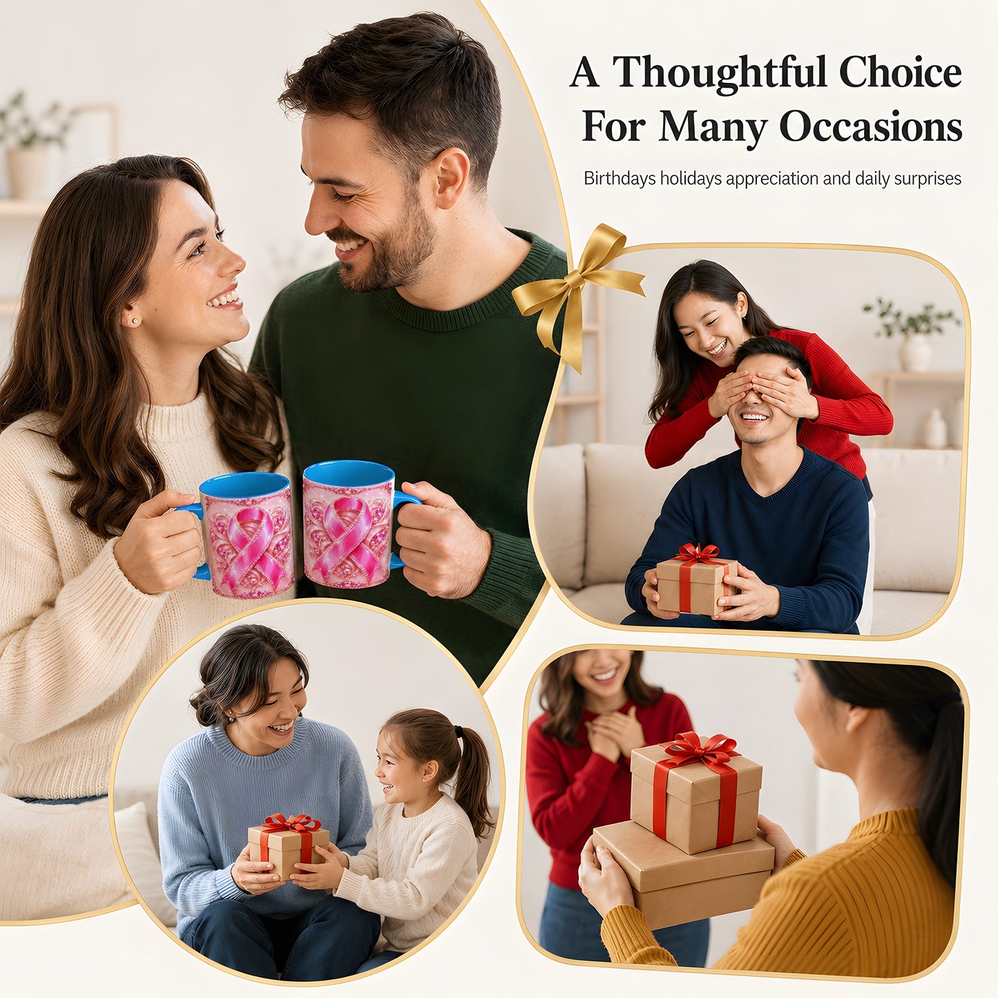 #pl[11oz|Blue] Pink Awareness Ribbon Coffee Mug, Heart Ribbon Mug, Ceramic Cup