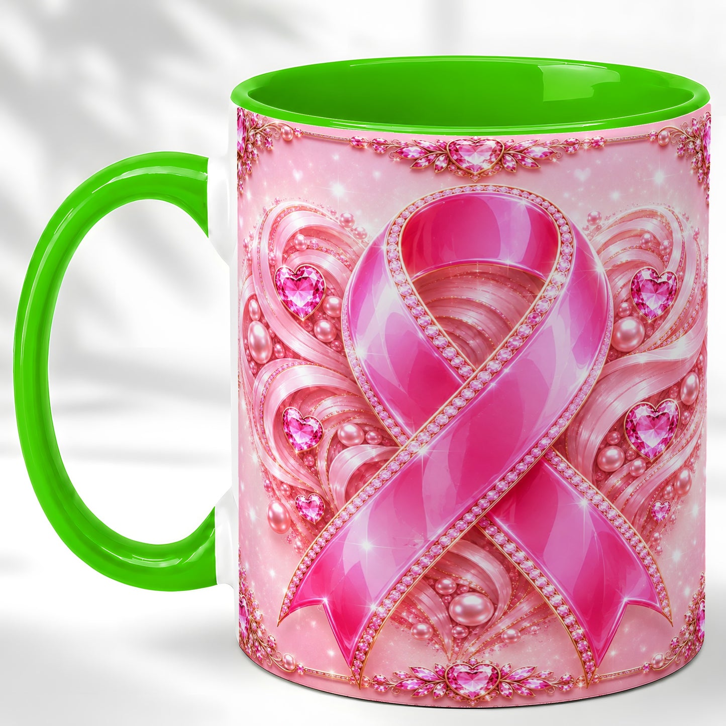 #pl[11oz|Green] Pink Awareness Ribbon Coffee Mug, Heart Ribbon Mug, Ceramic Cup