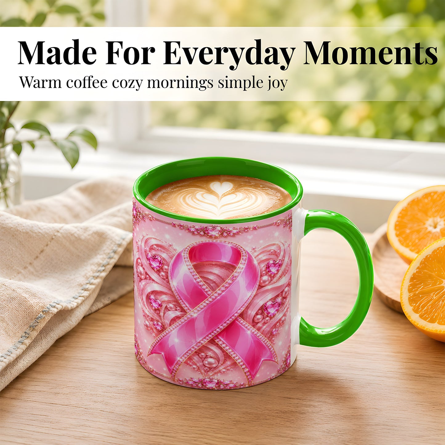 #pl[11oz|Green] Pink Awareness Ribbon Coffee Mug, Heart Ribbon Mug, Ceramic Cup