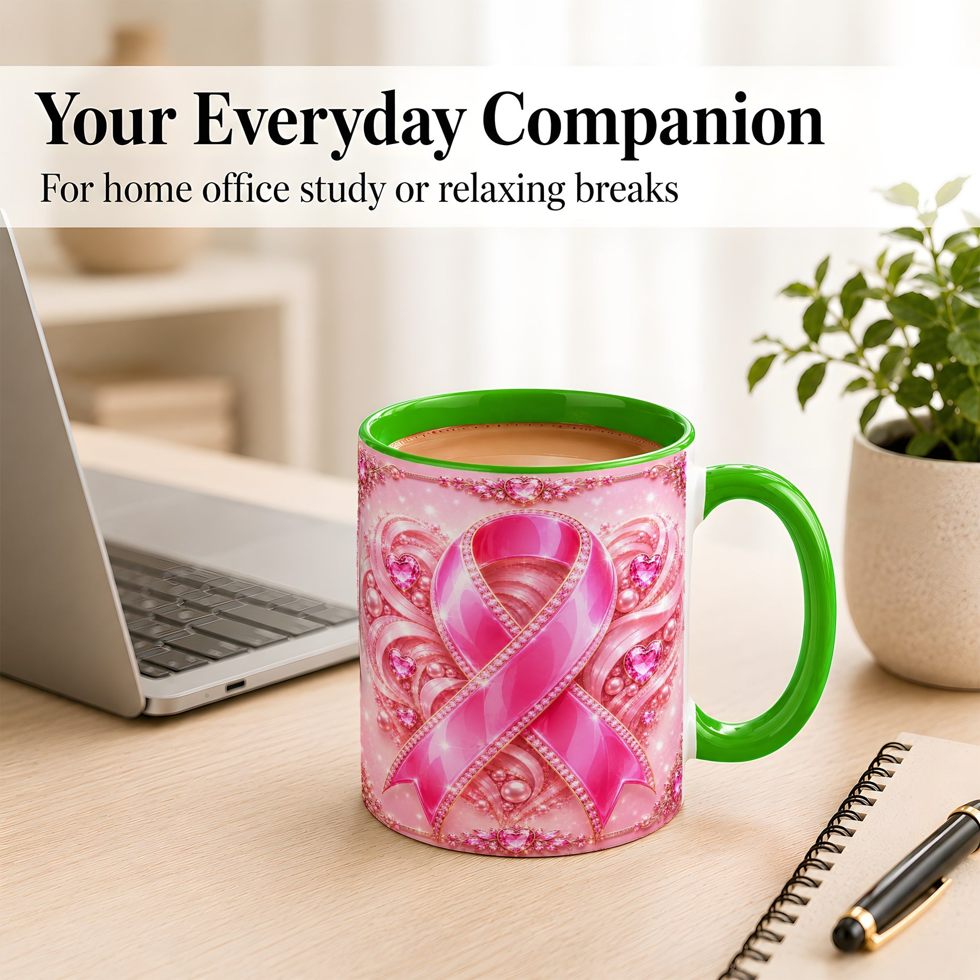 #pl[11oz|Green] Pink Awareness Ribbon Coffee Mug, Heart Ribbon Mug, Ceramic Cup