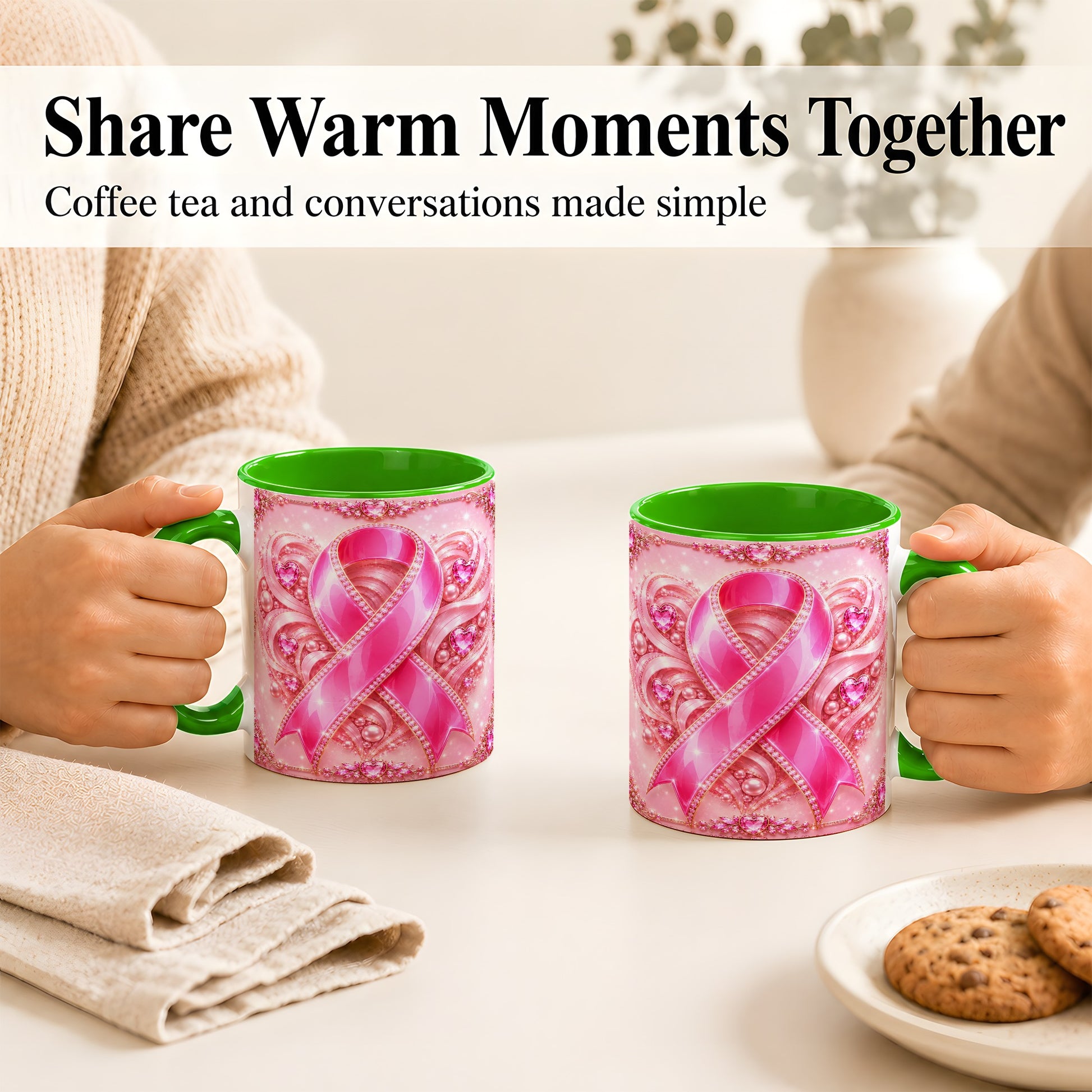 #pl[11oz|Green] Pink Awareness Ribbon Coffee Mug, Heart Ribbon Mug, Ceramic Cup