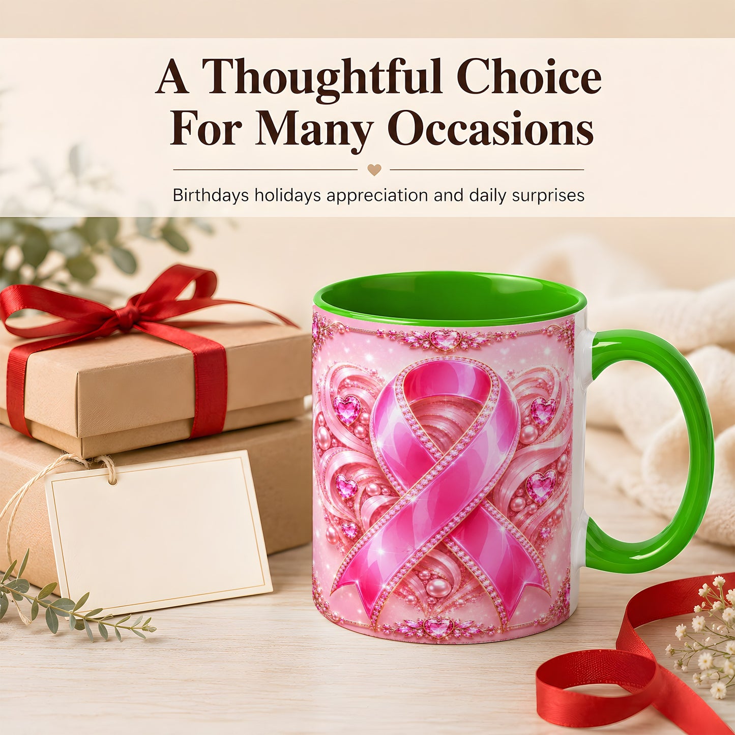 #pl[11oz|Green] Pink Awareness Ribbon Coffee Mug, Heart Ribbon Mug, Ceramic Cup