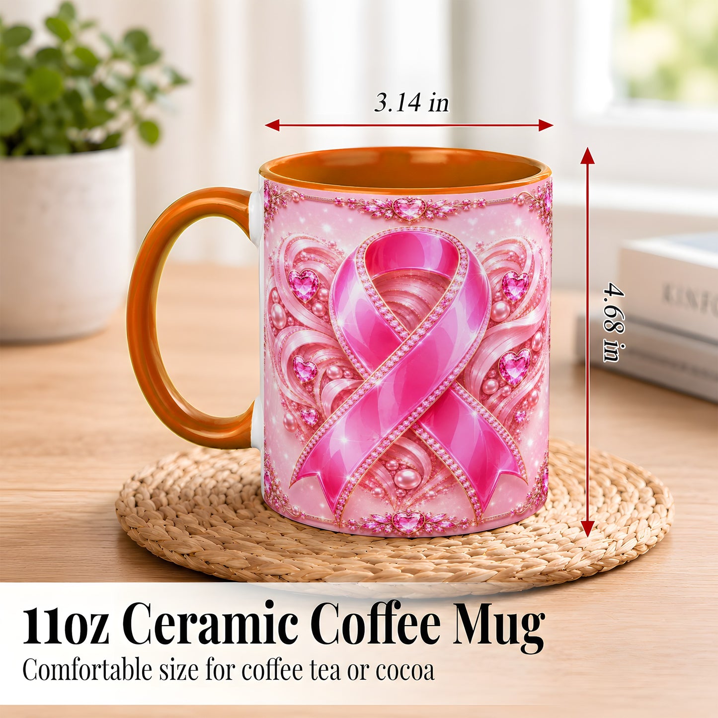 #pl[11oz|Orange] Pink Awareness Ribbon Coffee Mug, Heart Ribbon Mug, Ceramic Cup
