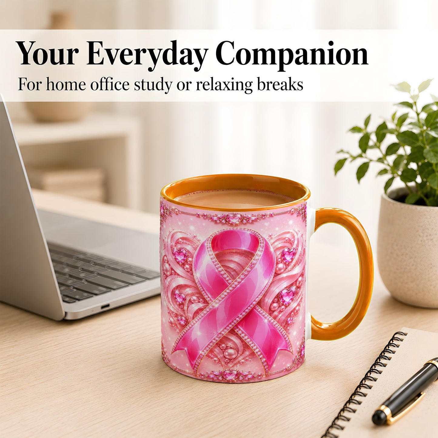 #pl[11oz|Orange] Pink Awareness Ribbon Coffee Mug, Heart Ribbon Mug, Ceramic Cup
