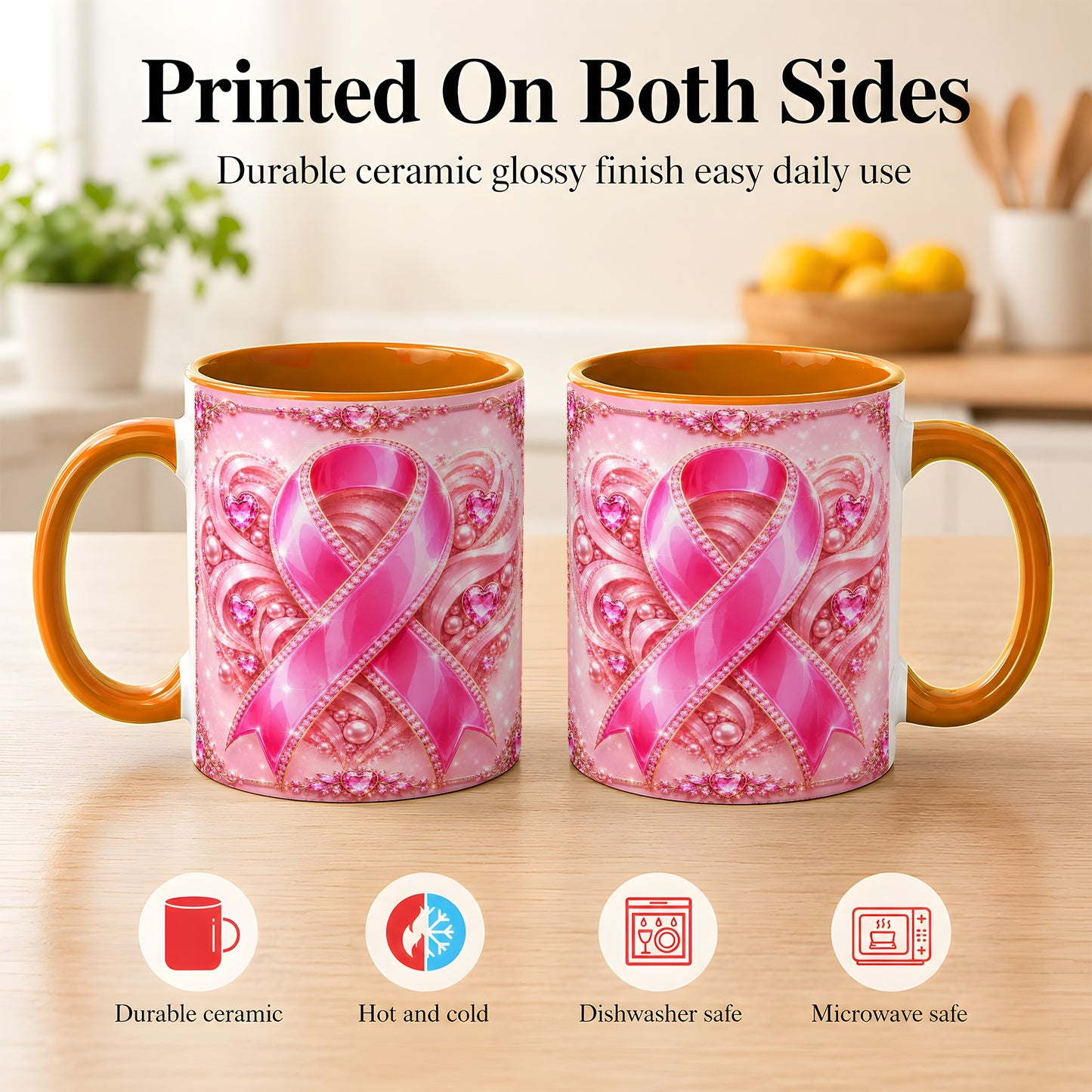 #pl[11oz|Orange] Pink Awareness Ribbon Coffee Mug, Heart Ribbon Mug, Ceramic Cup