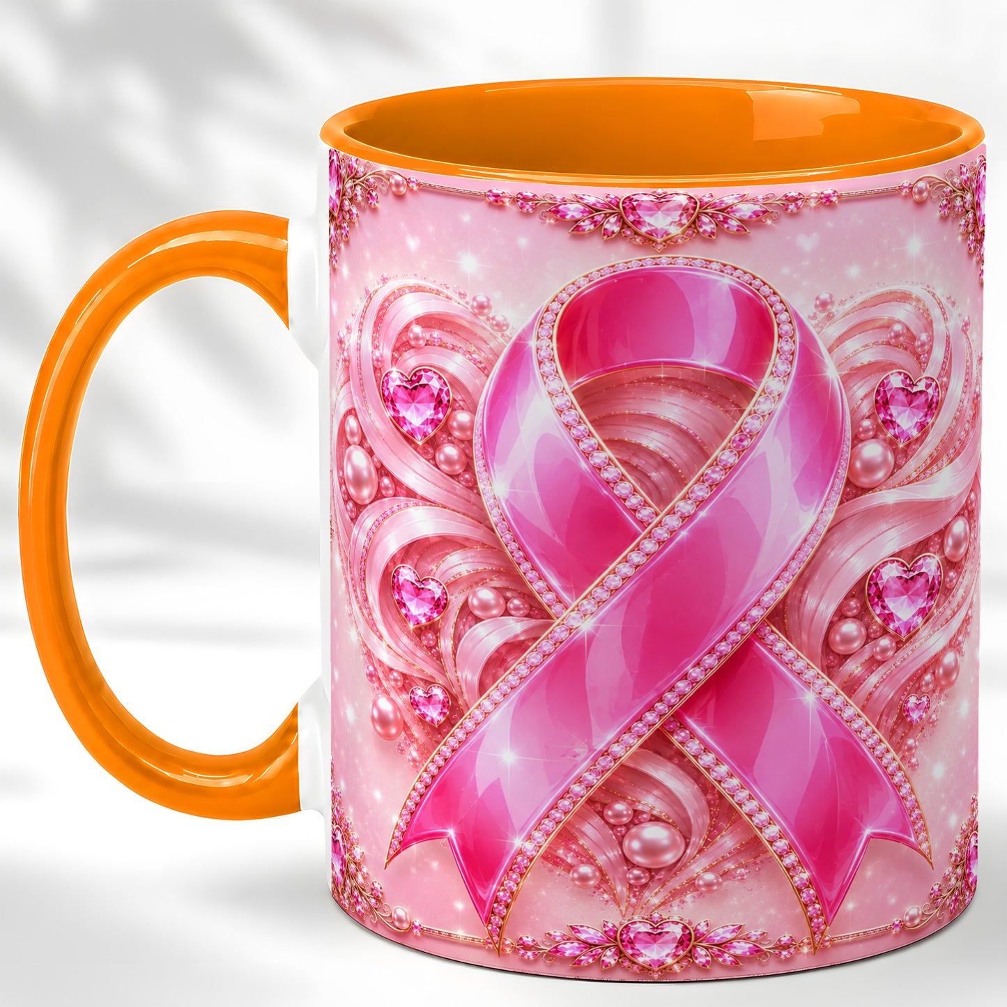 #pl[11oz|Orange] Pink Awareness Ribbon Coffee Mug, Heart Ribbon Mug, Ceramic Cup