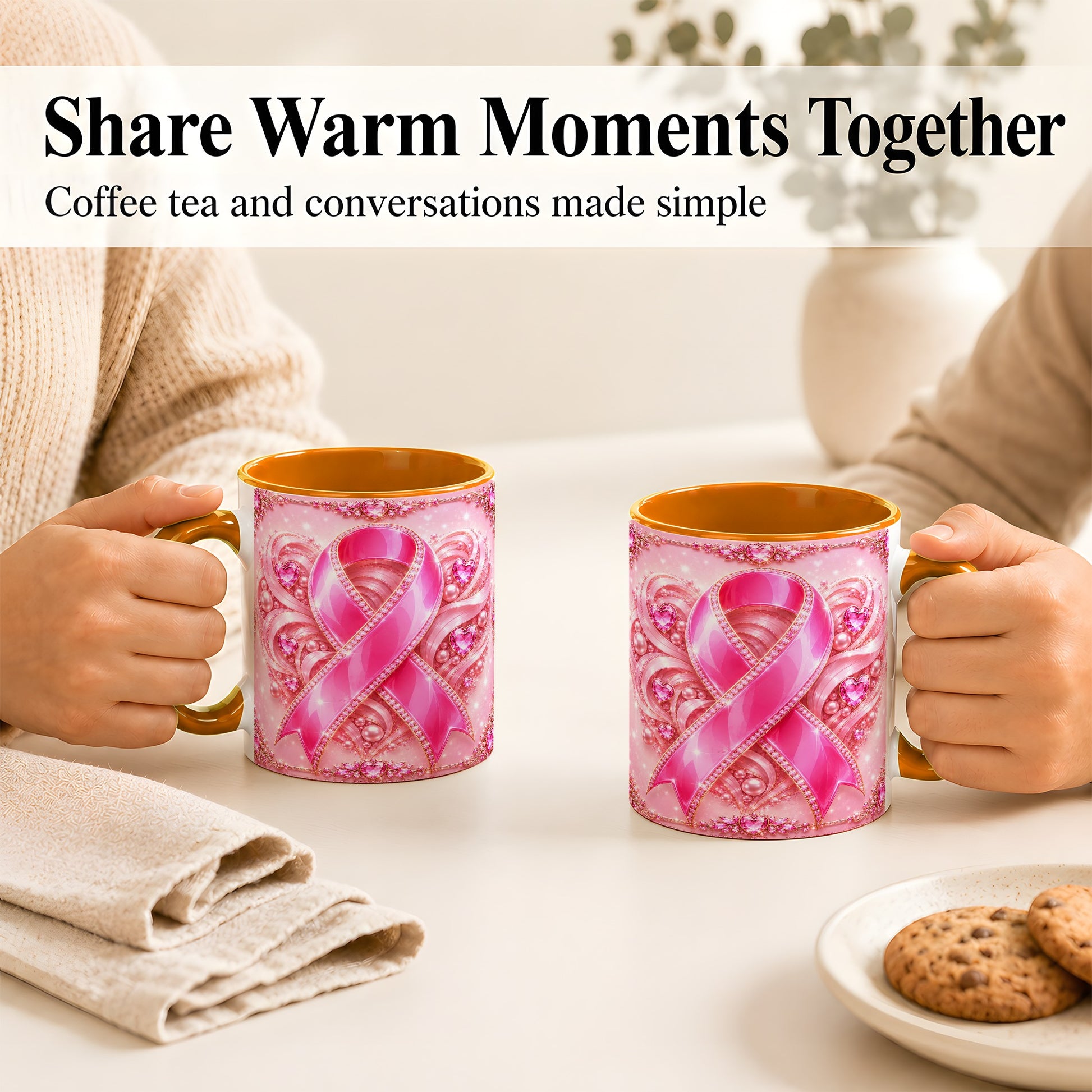 #pl[11oz|Orange] Pink Awareness Ribbon Coffee Mug, Heart Ribbon Mug, Ceramic Cup